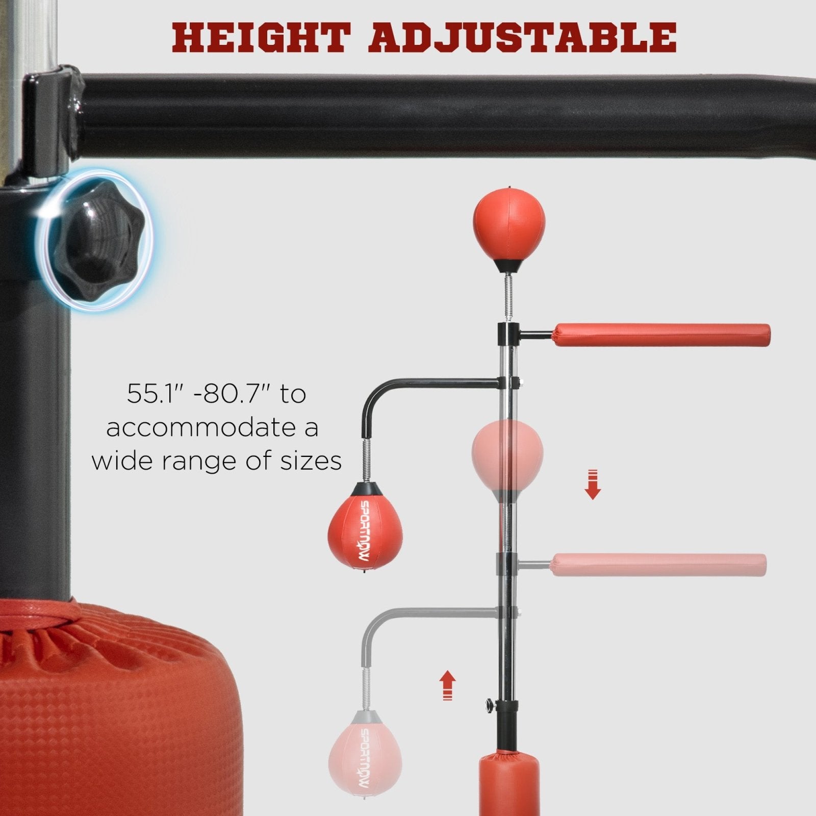 140 - 205cm Inflatable Punch Bag w/ Reaction Bar Challenge, Freestanding Punching Bag Training Equipment w/ Suction Cups, MMA Equipment, Red - Bedzy UK modern and affordable home furniture England