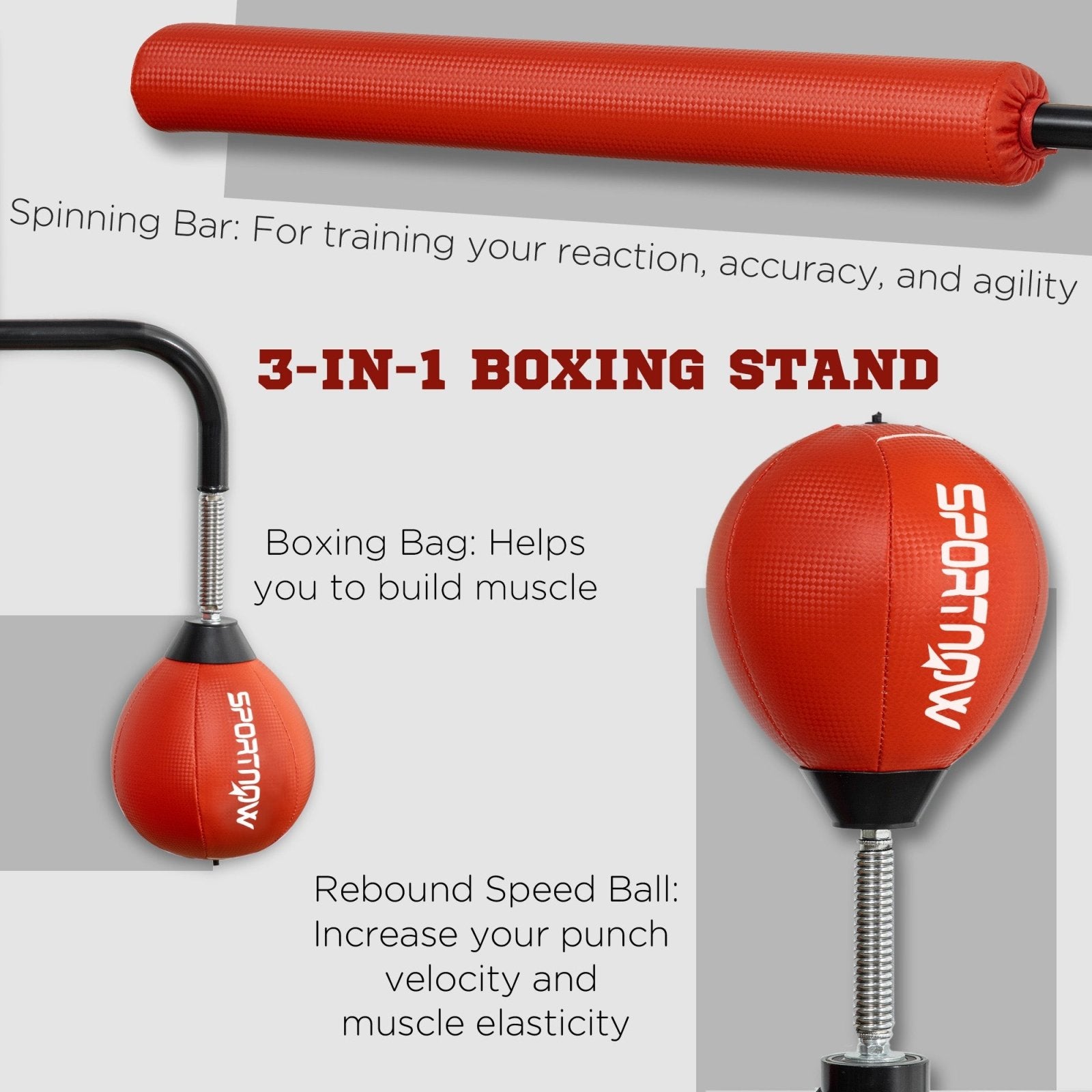 140 - 205cm Inflatable Punch Bag w/ Reaction Bar Challenge, Freestanding Punching Bag Training Equipment w/ Suction Cups, MMA Equipment, Red - Bedzy UK modern and affordable home furniture England