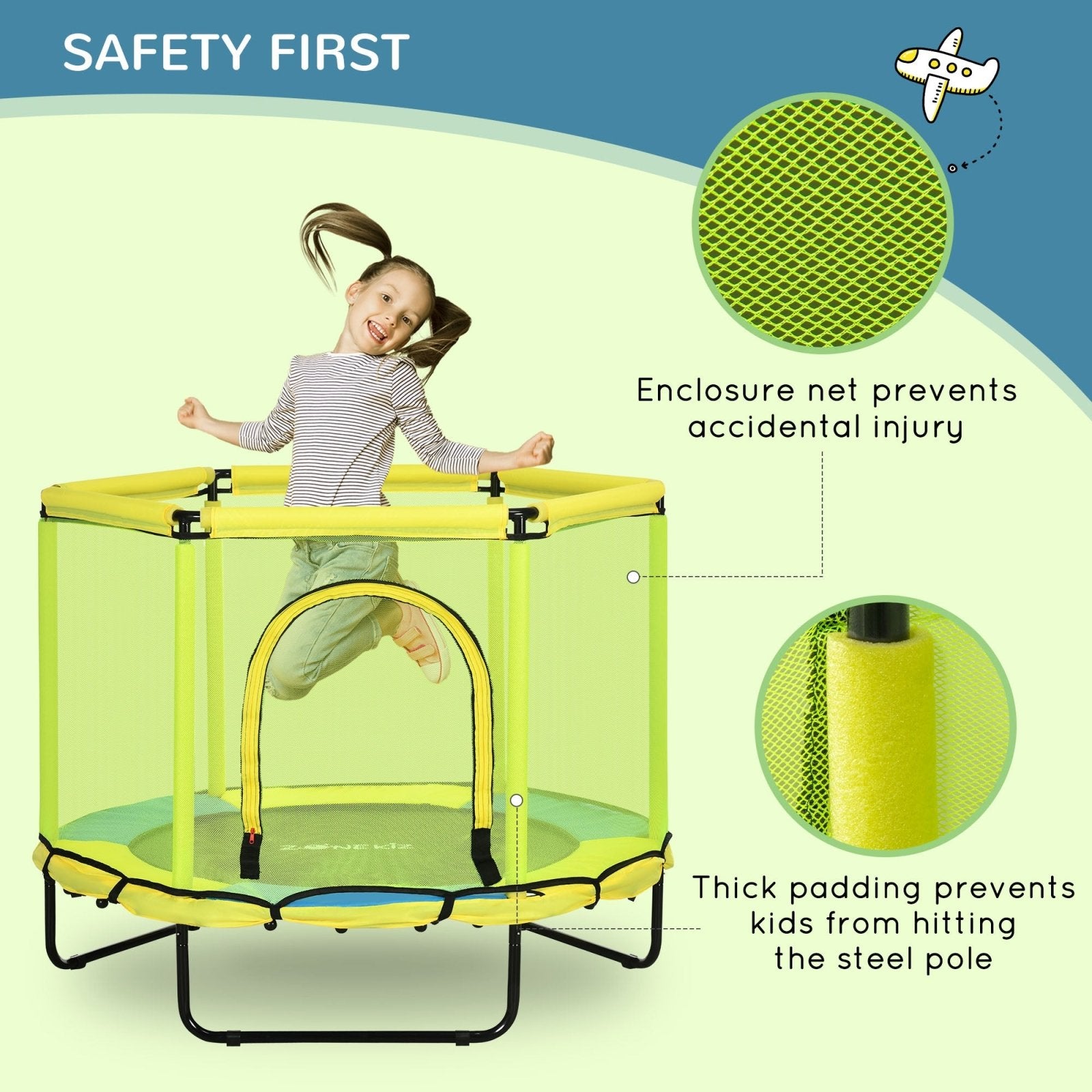 140 cm Kids Trampoline, Hexagon Indoor Bouncer Jumper with Security Enclosure Net, Bungee Gym for Children 1 - 6 Years Old, Yellow - Bedzy UK modern and affordable home furniture England