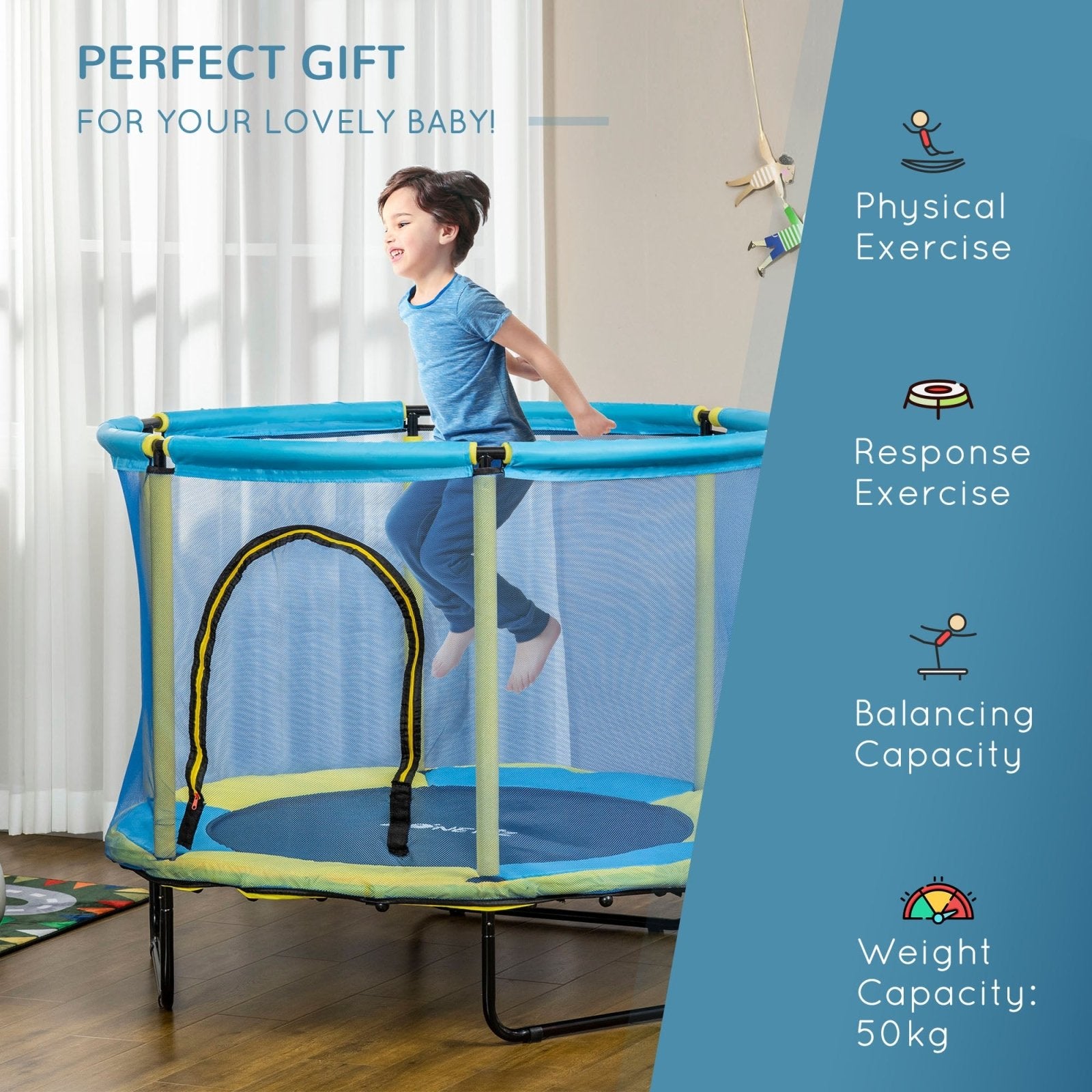 140 cm Kids Trampoline Indoor Bouncer Jumper with Security Enclosure Net, Bungee Gym for Children 1 - 6 Years Old, Blue - Bedzy UK modern and affordable home furniture England