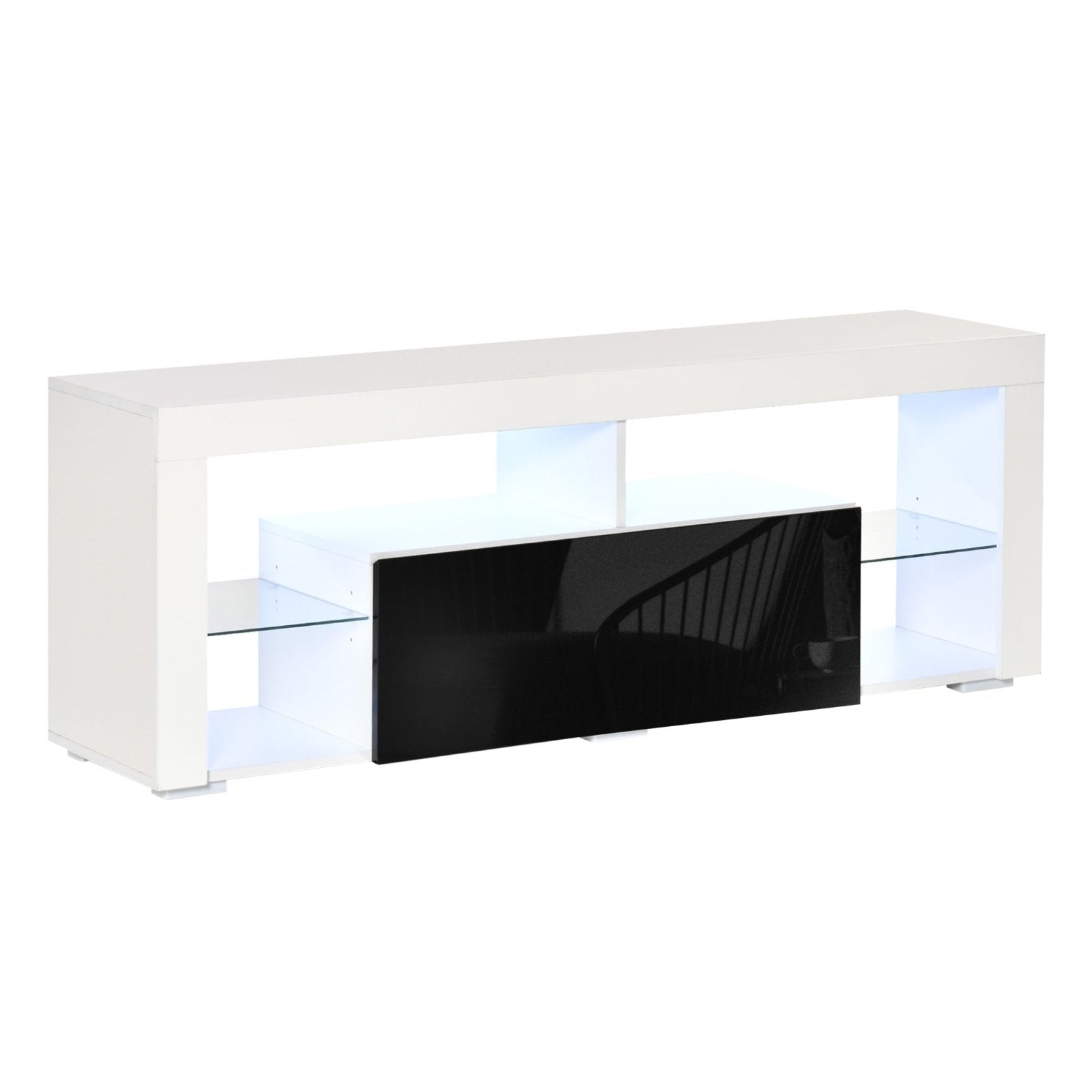 140cm TV Stand Cabinet High Gloss Media TV Stand Unit with LED RGB Light and Storage Shelf for 55 inch TV Black and White - Bedzy UK modern and affordable home furniture England