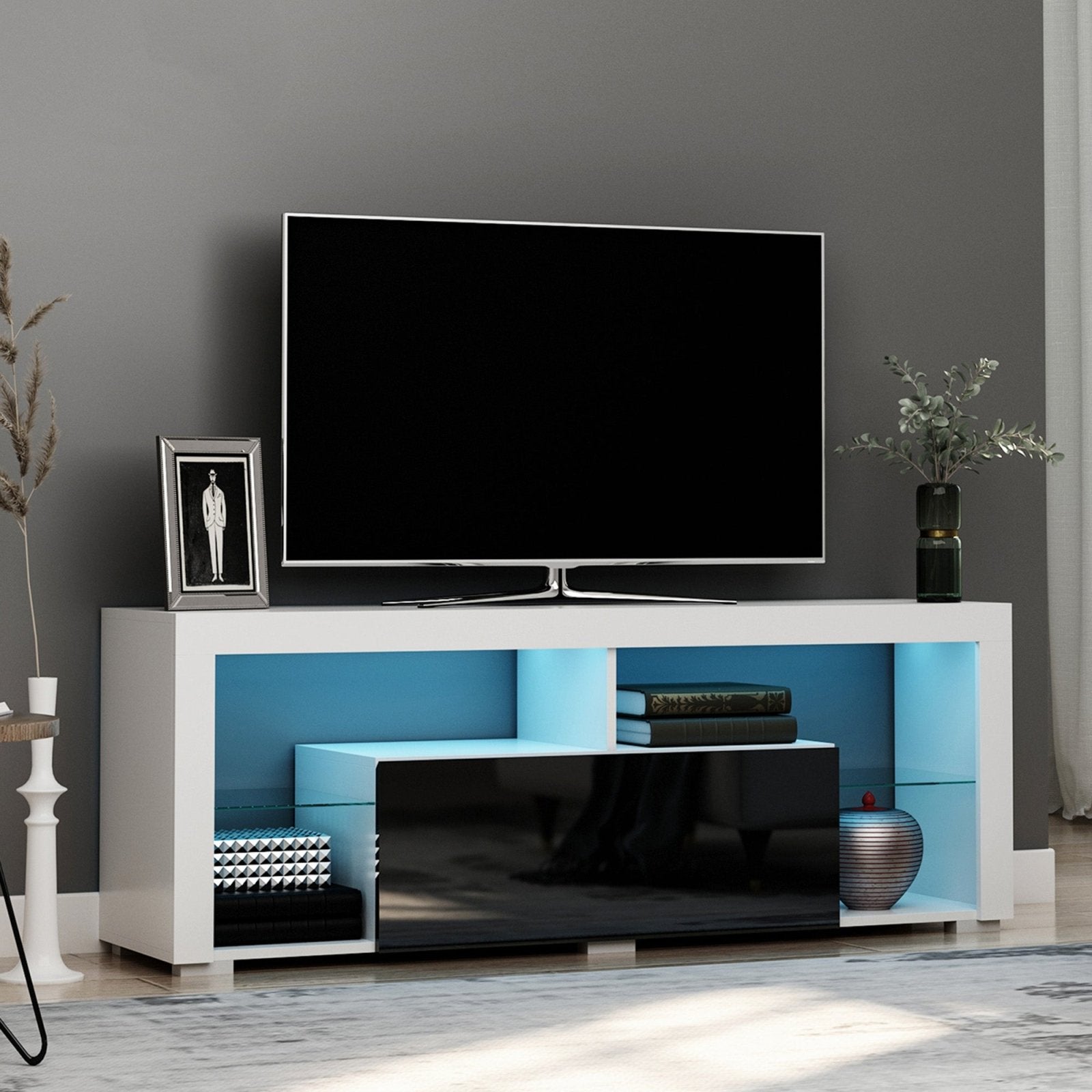 140cm TV Stand Cabinet High Gloss Media TV Stand Unit with LED RGB Light and Storage Shelf for 55 inch TV Black and White - Bedzy UK modern and affordable home furniture England