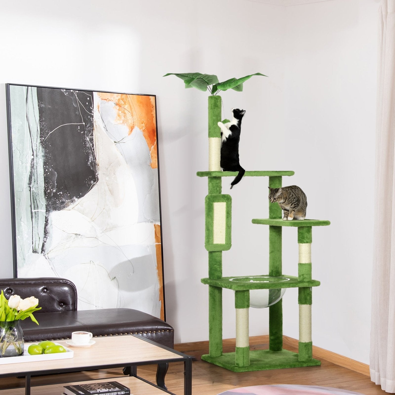 142cm Cat Tree Tower, with Scratching Post, Hammock, Toy Ball, Platforms - Green - Bedzy UK modern and affordable home furniture England