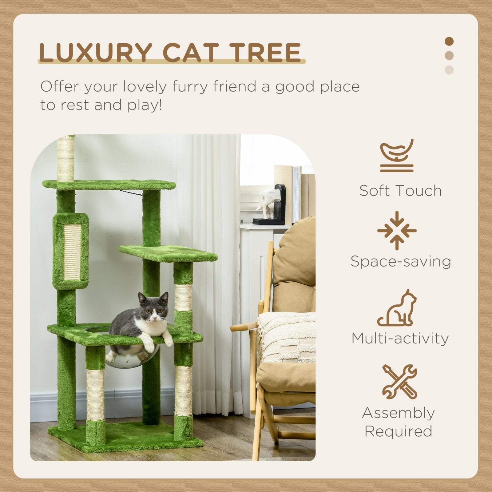 142cm Cat Tree Tower, with Scratching Post, Hammock, Toy Ball, Platforms - Green - Bedzy UK modern and affordable home furniture England