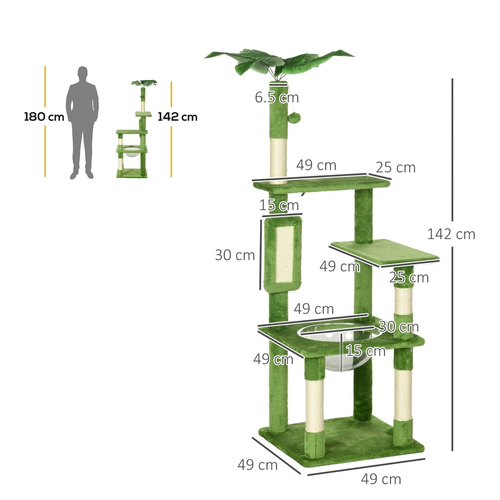 142cm Cat Tree Tower, with Scratching Post, Hammock, Toy Ball, Platforms - Green - Bedzy UK modern and affordable home furniture England