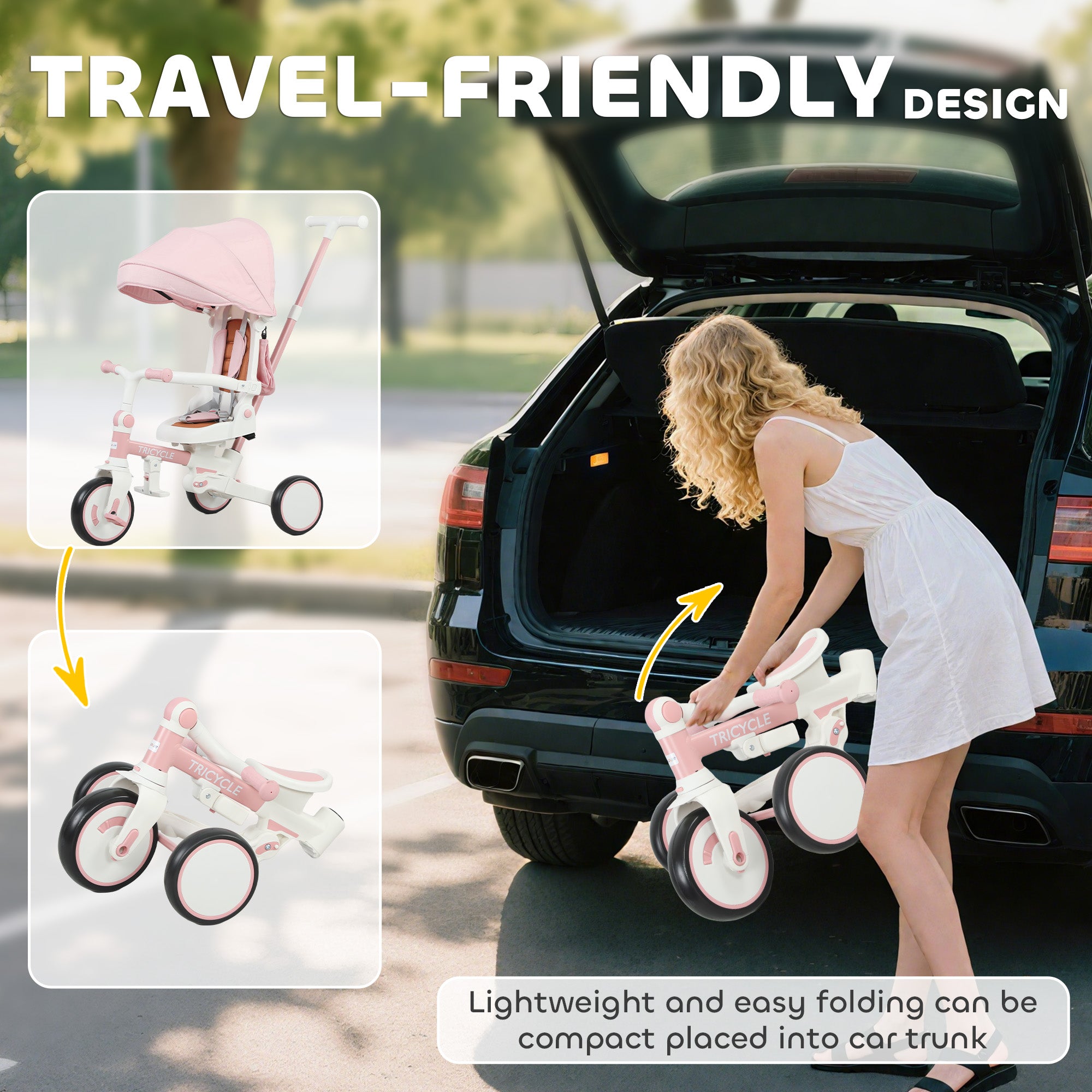 5 in 1 Kids Trike with Adjustable Backrest, Toddler Tricycle with Push Handlebar, Adjustable Backrest, Pink