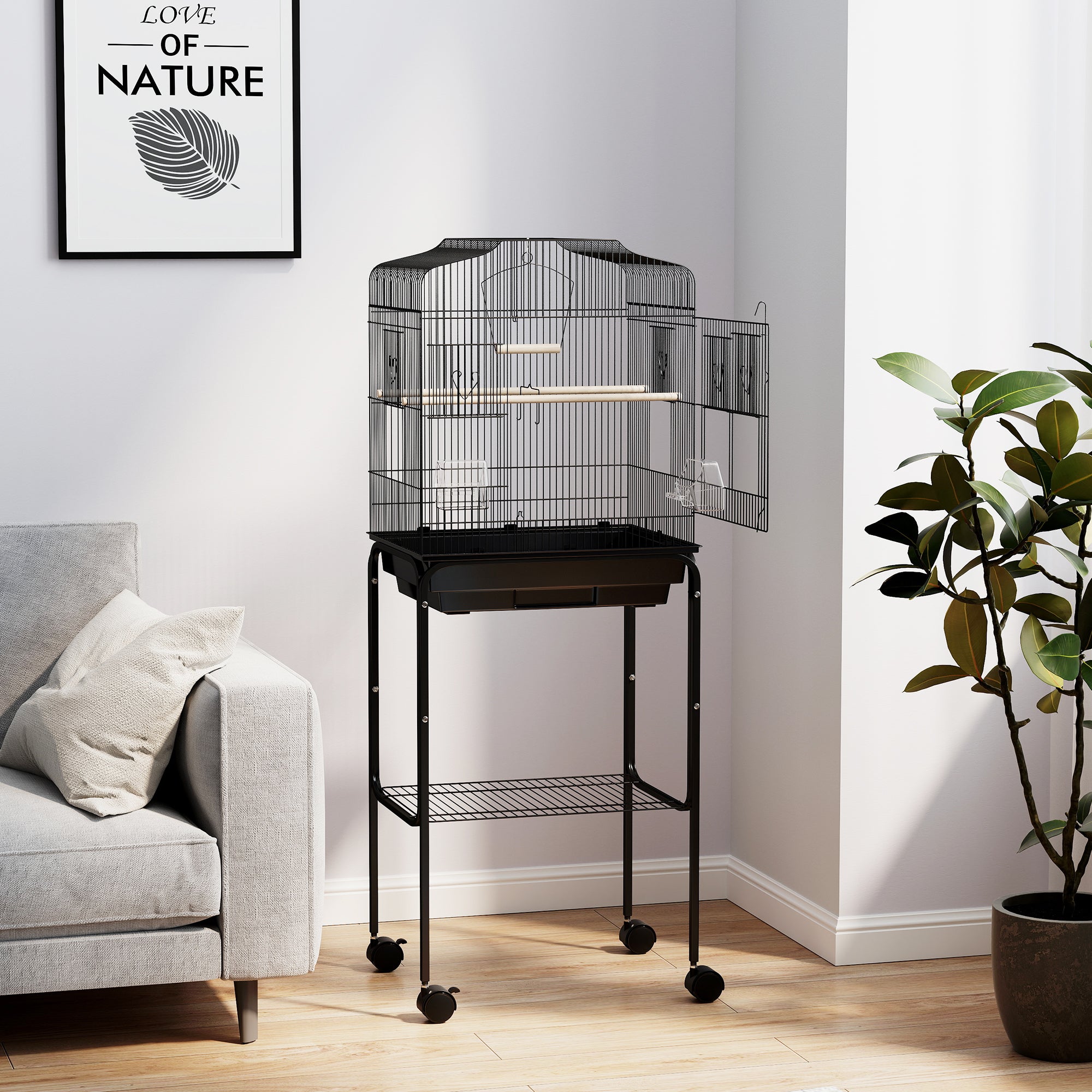 Budgie Finch Canary Parakeet Bird Cage with Stand, Wheels, Slide-Out Tray & Storage Shelf - Black