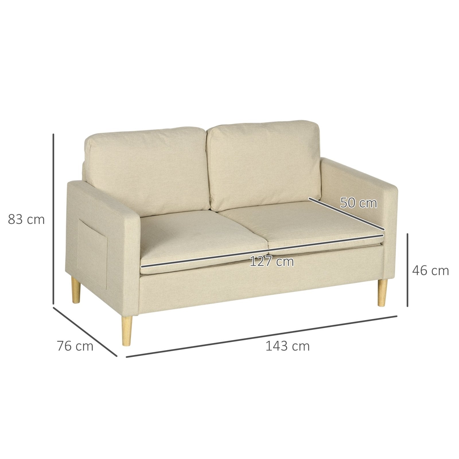 143cm 2 Seater Sofa for Living Room, Modern Fabric Couch, Loveseat Sofa Settee with Wood Legs and 2 Pockets for Bedroom and Home Office, Beige - Bedzy UK modern and affordable home furniture England