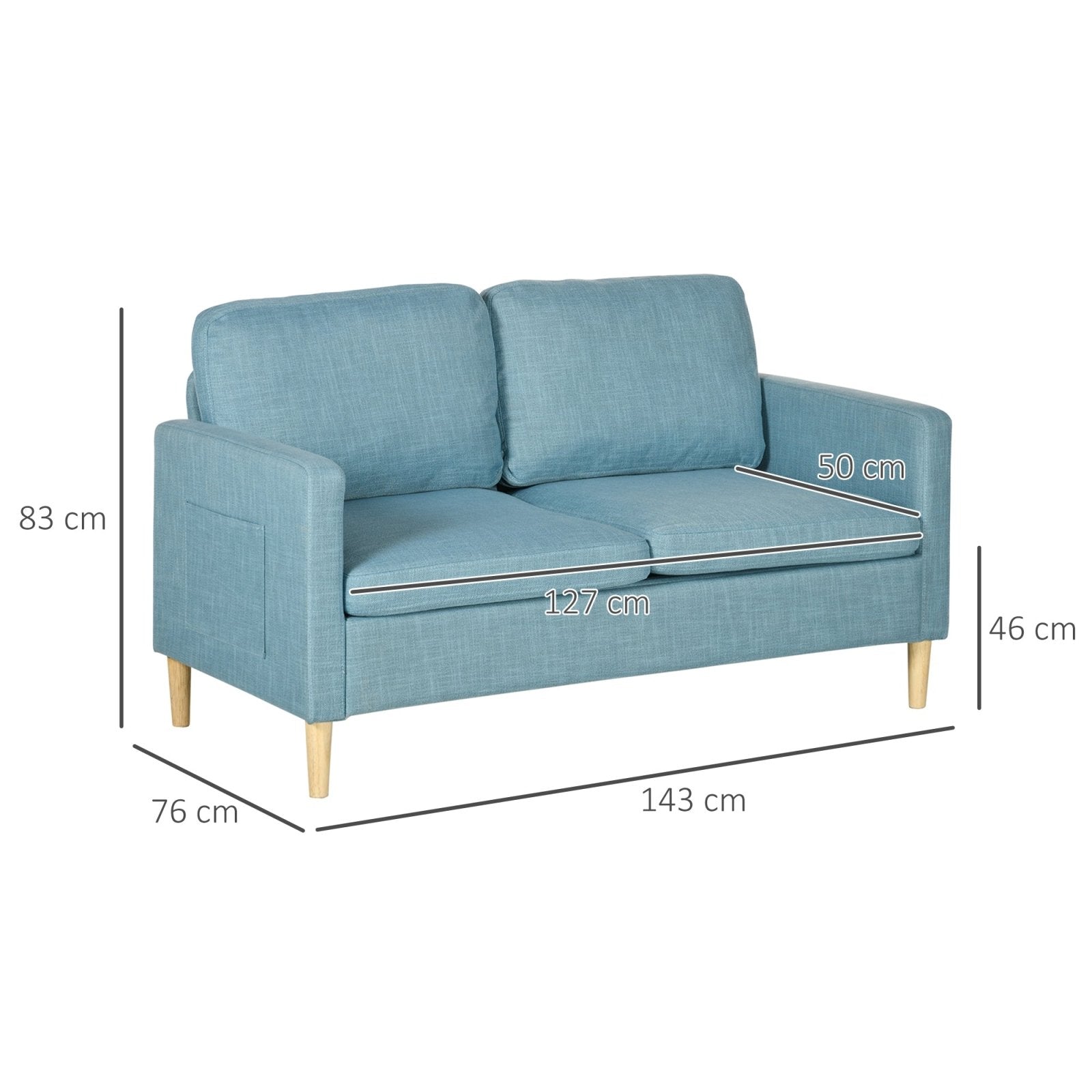 143cm 2 Seater Sofa for Living Room, Modern Fabric Couch, Loveseat Sofa Settee with Wood Legs and 2 Pockets for Bedroom and Home Office, Blue - Bedzy UK modern and affordable home furniture England