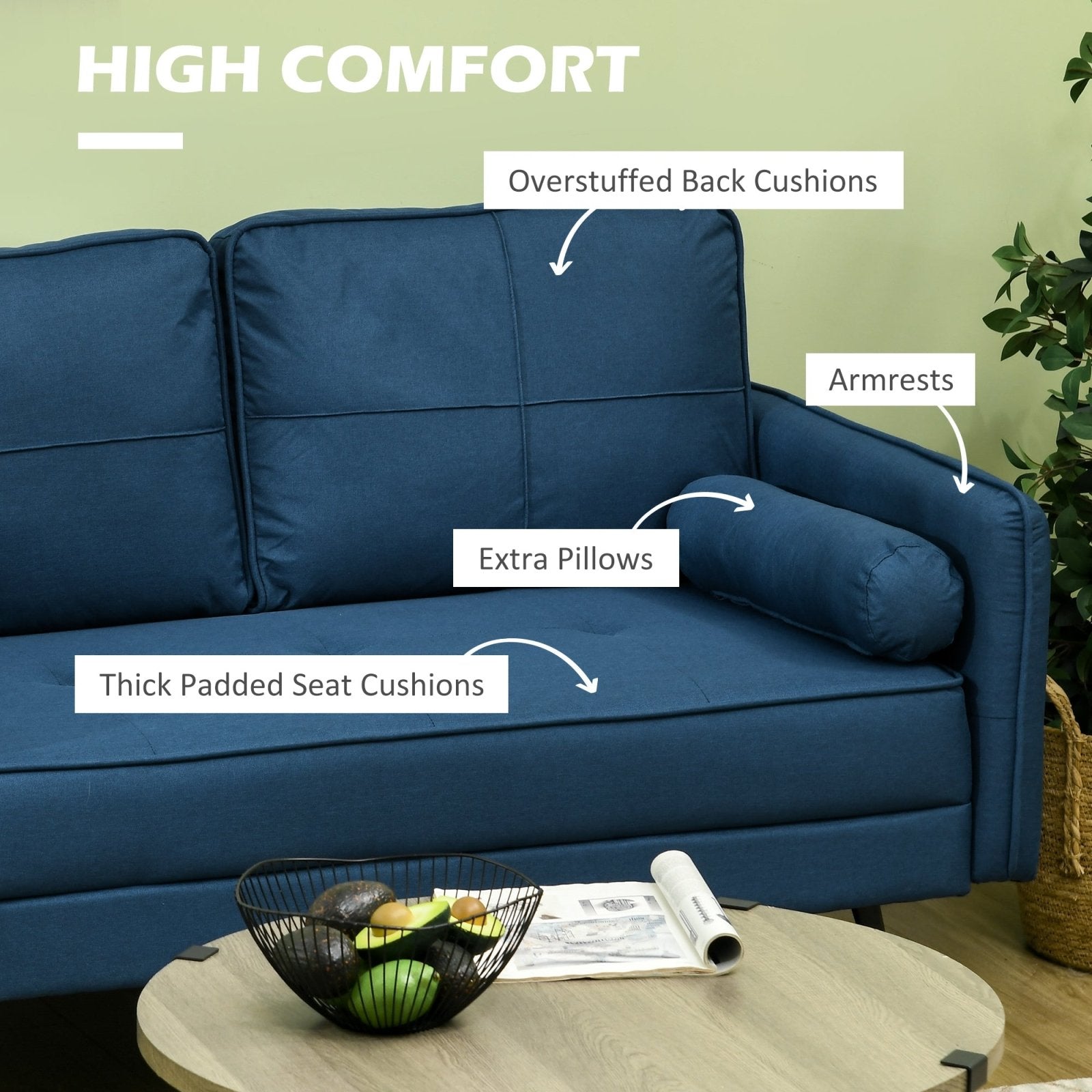 143cm Loveseat Sofa for Bedroom Upholstered 2 Seater Sofa with Back Cushions and Pillows, Blue - Bedzy UK modern and affordable home furniture England