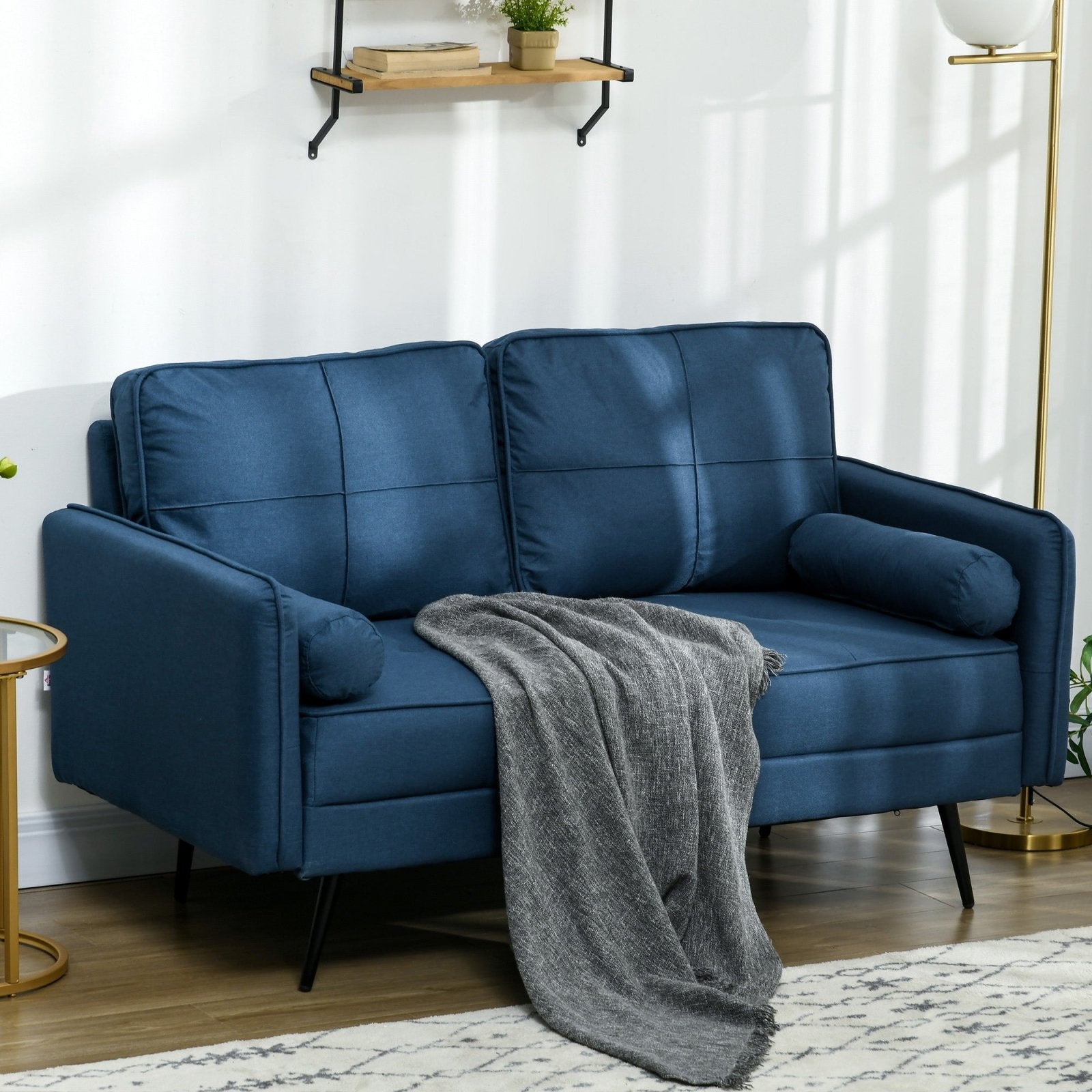 143cm Loveseat Sofa for Bedroom Upholstered 2 Seater Sofa with Back Cushions and Pillows, Blue - Bedzy UK modern and affordable home furniture England