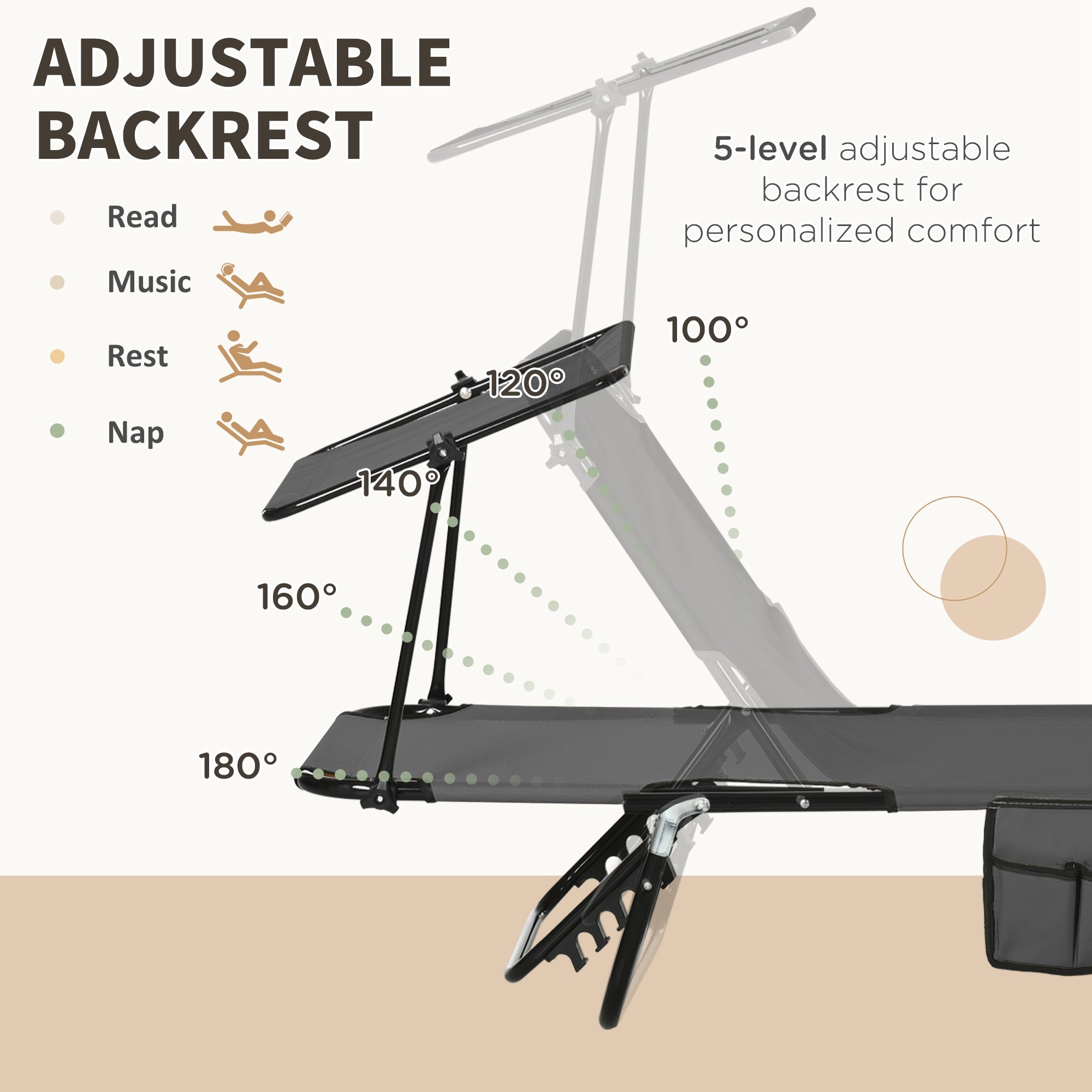 Set of Two Folding Sun Loungers, with Adjustable Backs and Sun Canopies - Grey