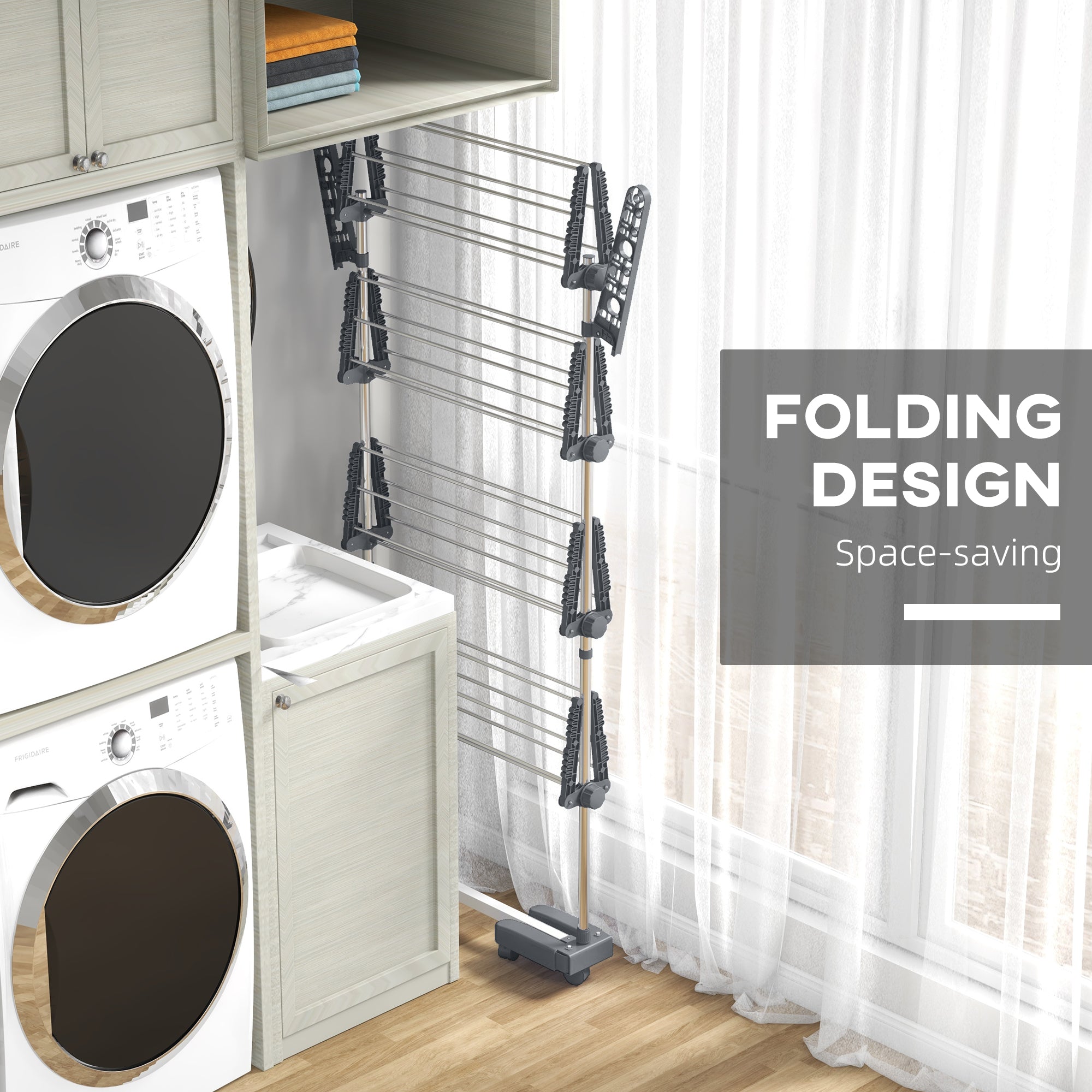 Four-Shelf Collapsible Clothes Horse with Side Arms and Wheels - Grey