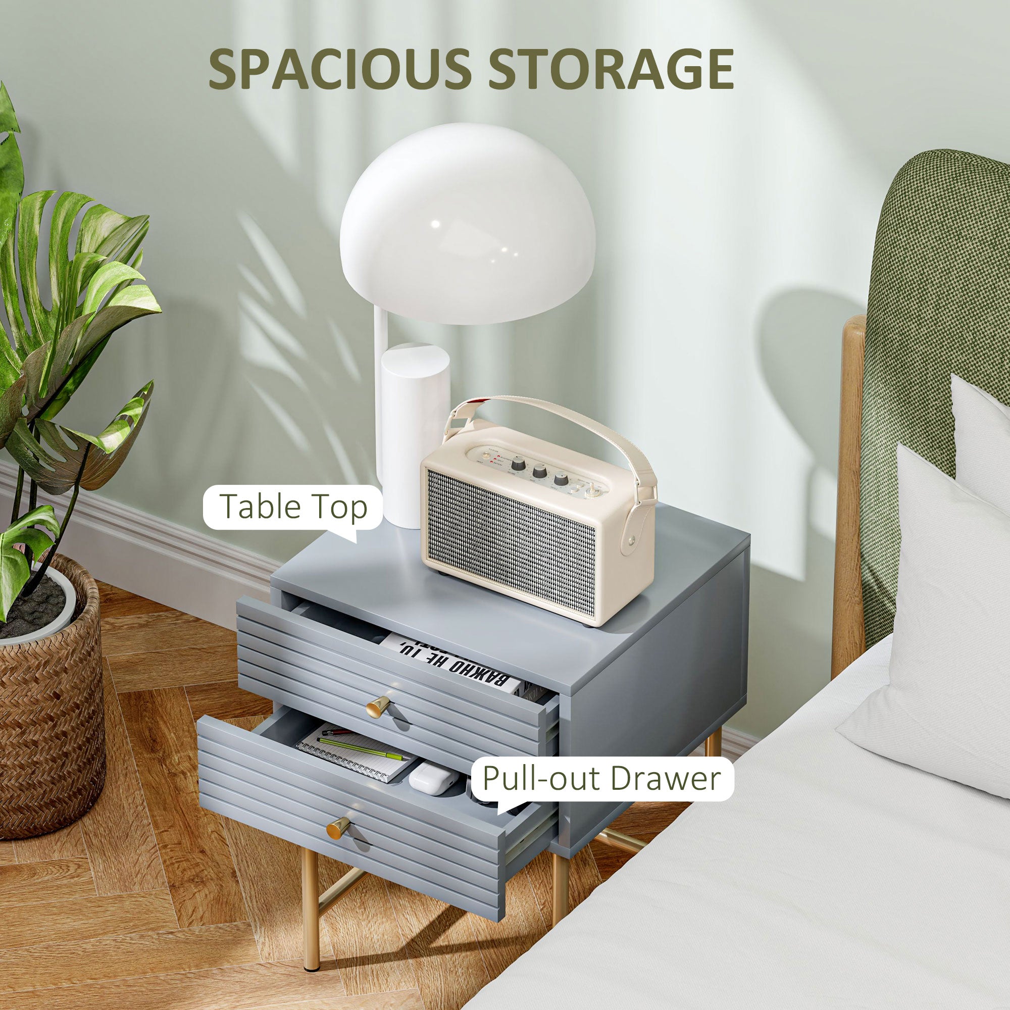 Set of Two Elegant Bedside Tables - Grey/Gold-Tone