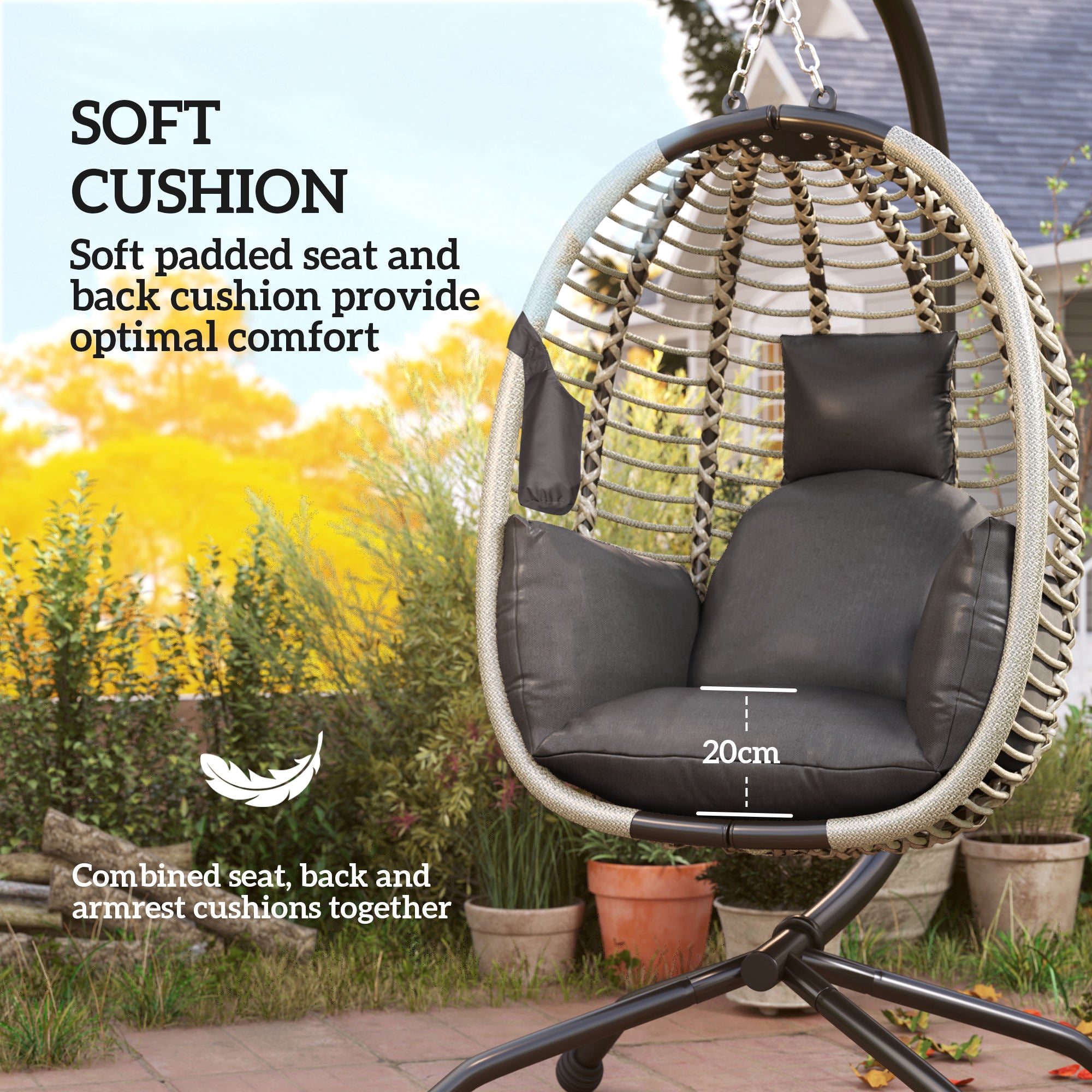 1 Piece Outdoor Hanging Egg Chair with Padded Cushion and Metal Stand Dark Grey