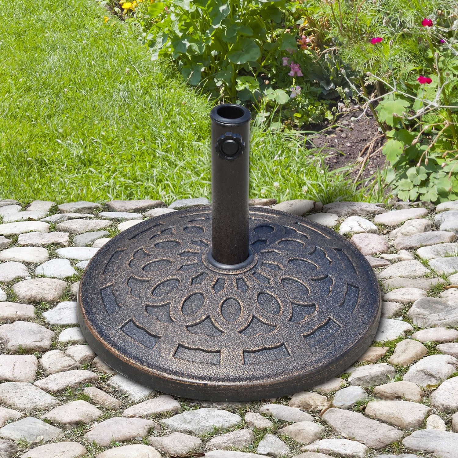 14kg Round Garden Parasol Base Holder Decorative Resin Market Umbrella Stand with Adjustable Coupler, Bronze - Bedzy UK modern and affordable home furniture England