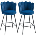 Set of Two Velvet-Feel Lotus Bar Stools - Dark Blue