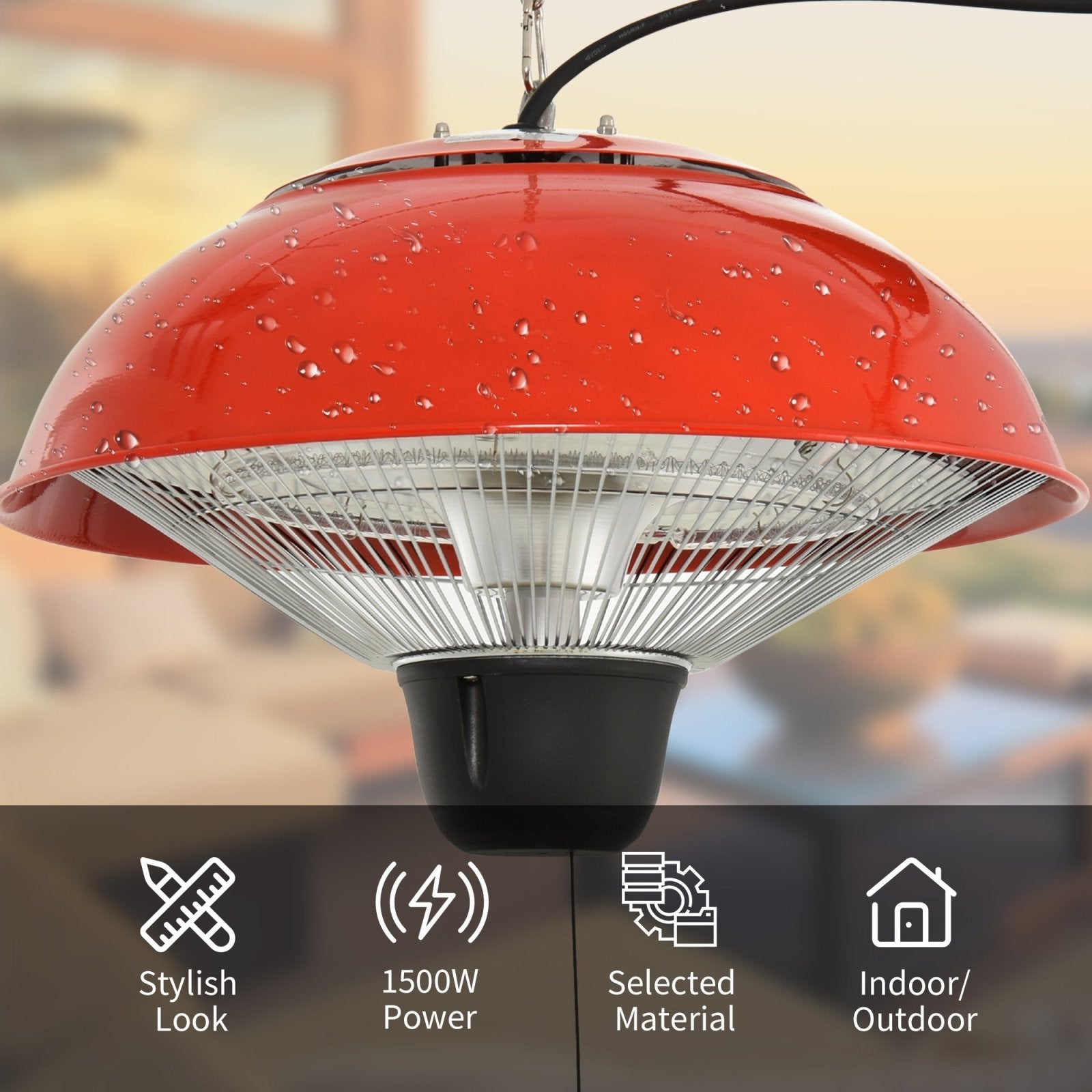 1500W Garden Electric Halogen Patio Heater Hanging Lamp Aluminum Outdoor Ceiling Mounted Heat Warmer - Red - Bedzy UK modern and affordable home furniture England