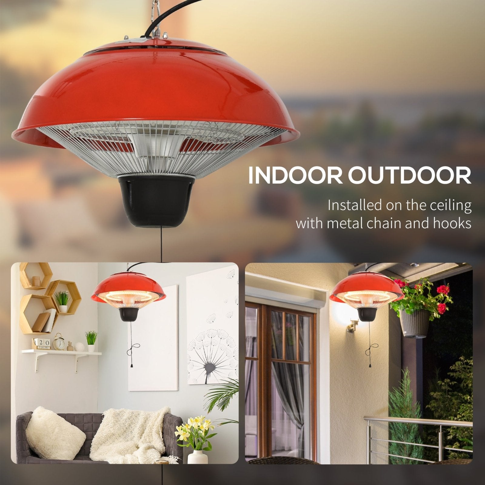 1500W Garden Electric Halogen Patio Heater Hanging Lamp Aluminum Outdoor Ceiling Mounted Heat Warmer - Red - Bedzy UK modern and affordable home furniture England