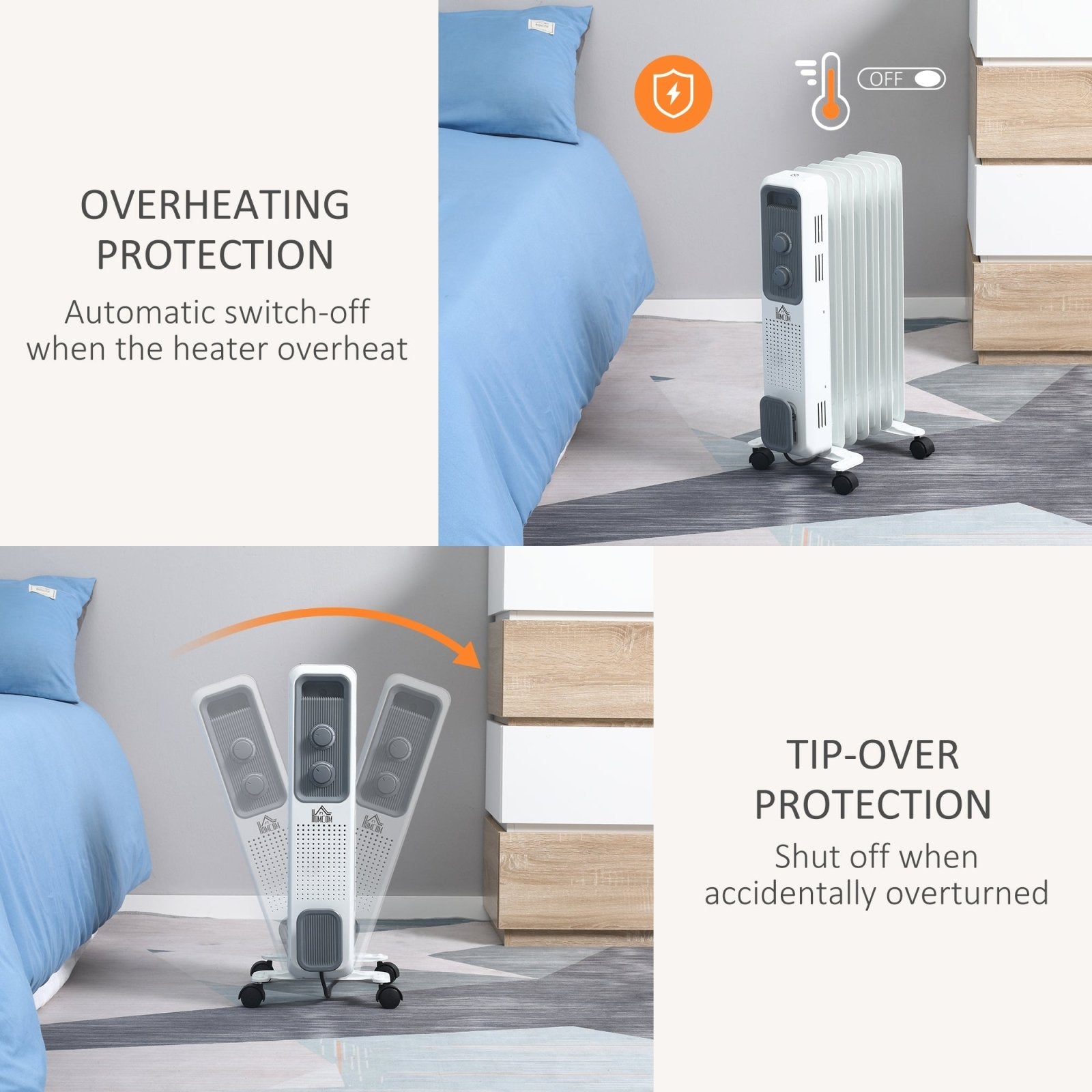 1500W Oil Filled Radiator, Portable Electric Heater w/ Three Modes Adjustable Thermostat Safety switch, White - Bedzy UK modern and affordable home furniture England