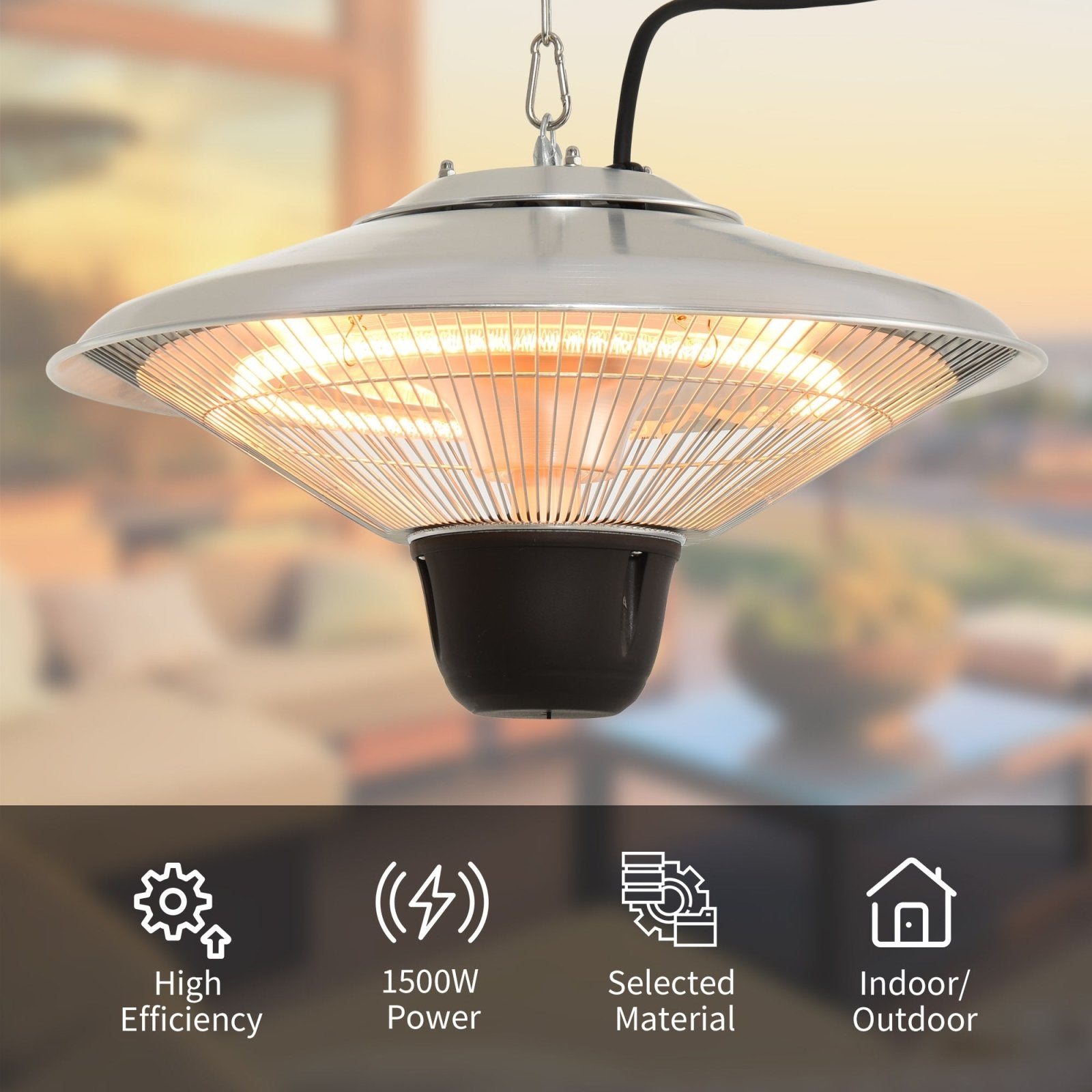 1500W Patio Heater Outdoor Ceiling Mounted Aluminium Halogen Electric Hanging Heating Light Pull Switch Control - Bedzy UK modern and affordable home furniture England