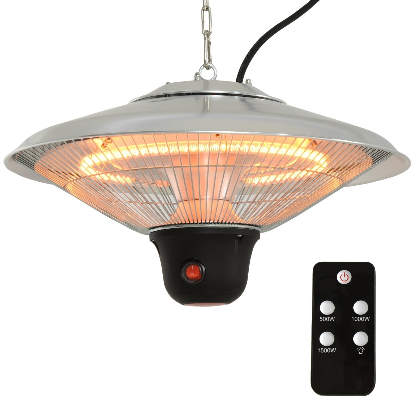 1500W Patio Heater Outdoor Ceiling Mounted Aluminium Halogen Electric Hanging Heating Light with Remote Control and 3 Heat Settings, Silver - Bedzy UK modern and affordable home furniture England