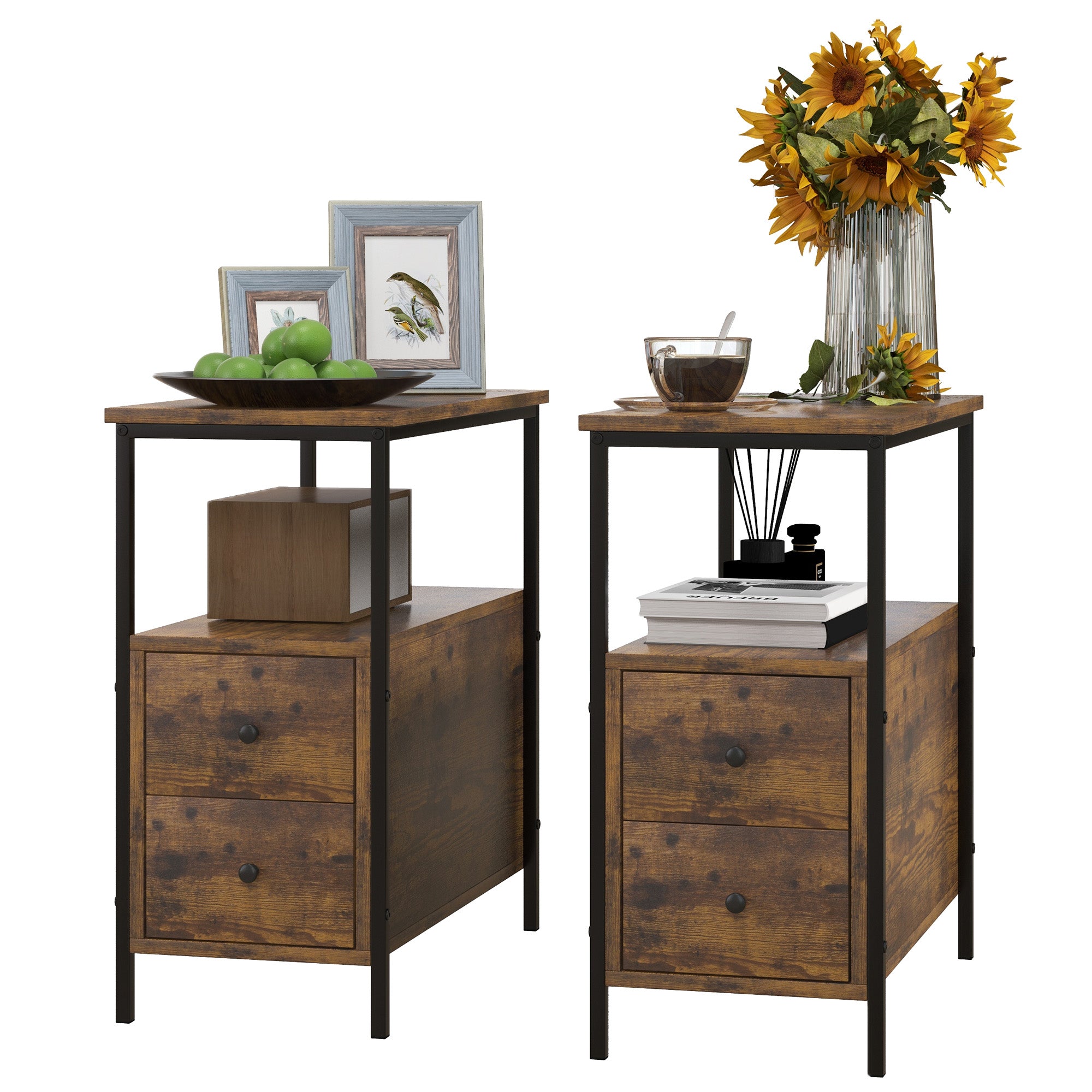 Set of 2 Side Table, Narrow Bedside Table with 2 Drawers and Storage Shelf, Industrial End Table with Metal Frame for Small Spaces, Rustic Brown