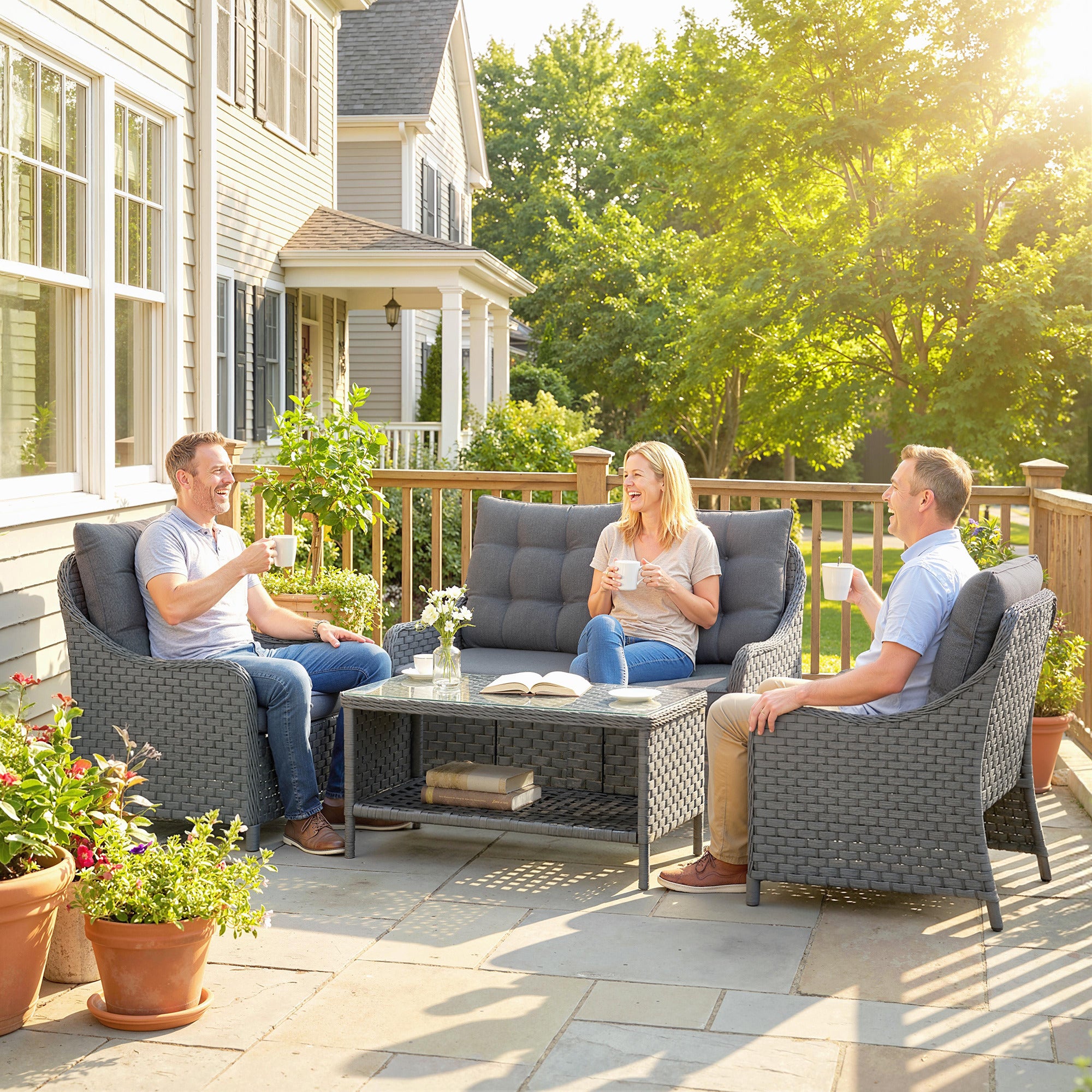 4-Piece Wicker Patio Furniture Set with 2 Armchairs, Loveseat, Glass Coffee Table, Conversation Sofa Set, Dark Grey