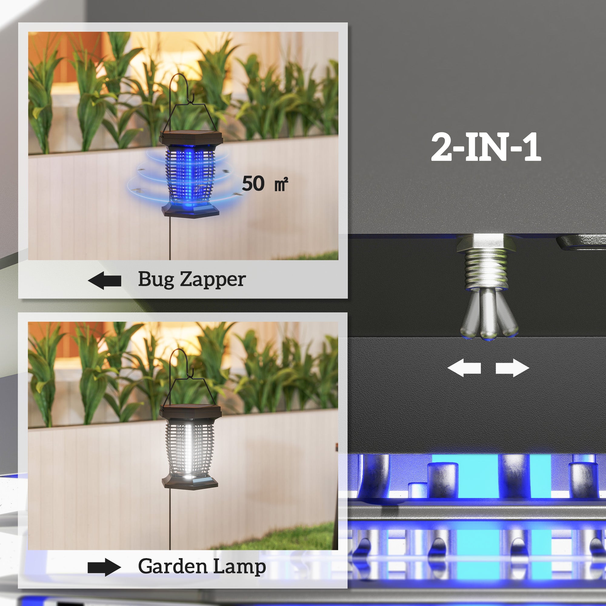2-in-1 Electric Fly Zapper with UVA Light, Hanging Garden Lantern, Solar and USB-DC Rechargeable Insect Mosquito Bug Zapper, Fly Killer for Indoor and Outdoor Use, Black
