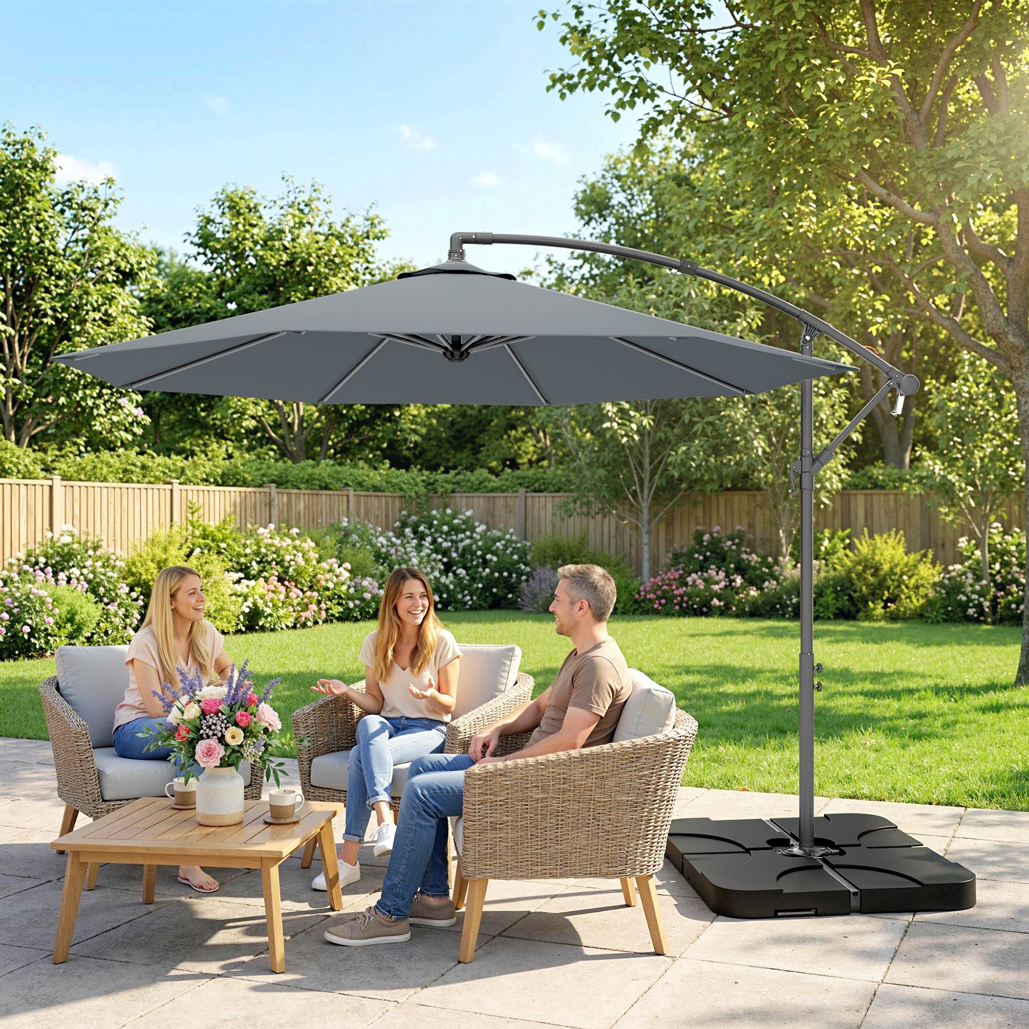 3m Overhanging Parasol, with Base, Weights and Cover - Dark Grey