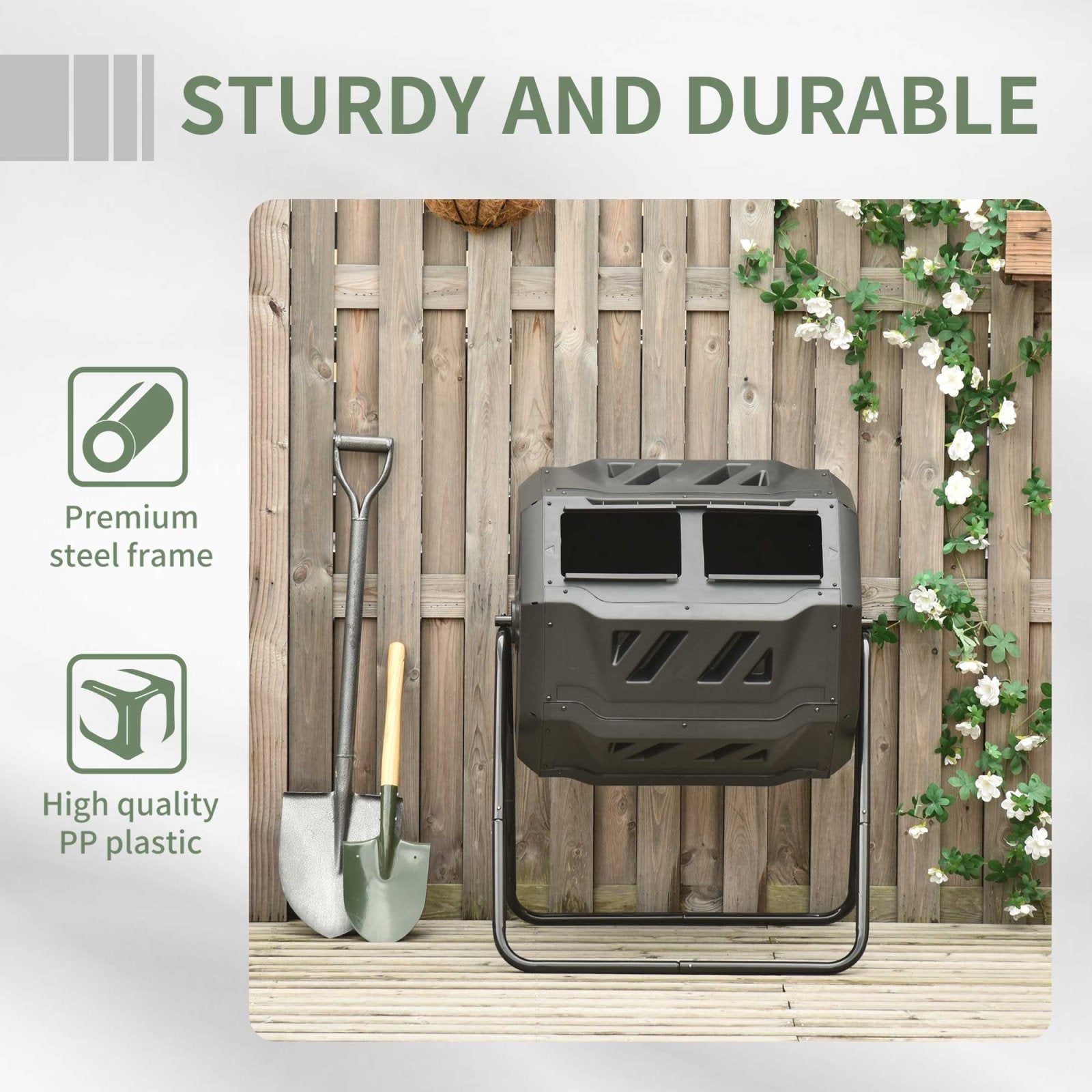 160L Tumbling Compost Bin Outdoor Dual Chamber 360° Rotating Composter w/ Sliding Doors & Solid Steel Frame, Black - Bedzy UK modern and affordable home furniture England