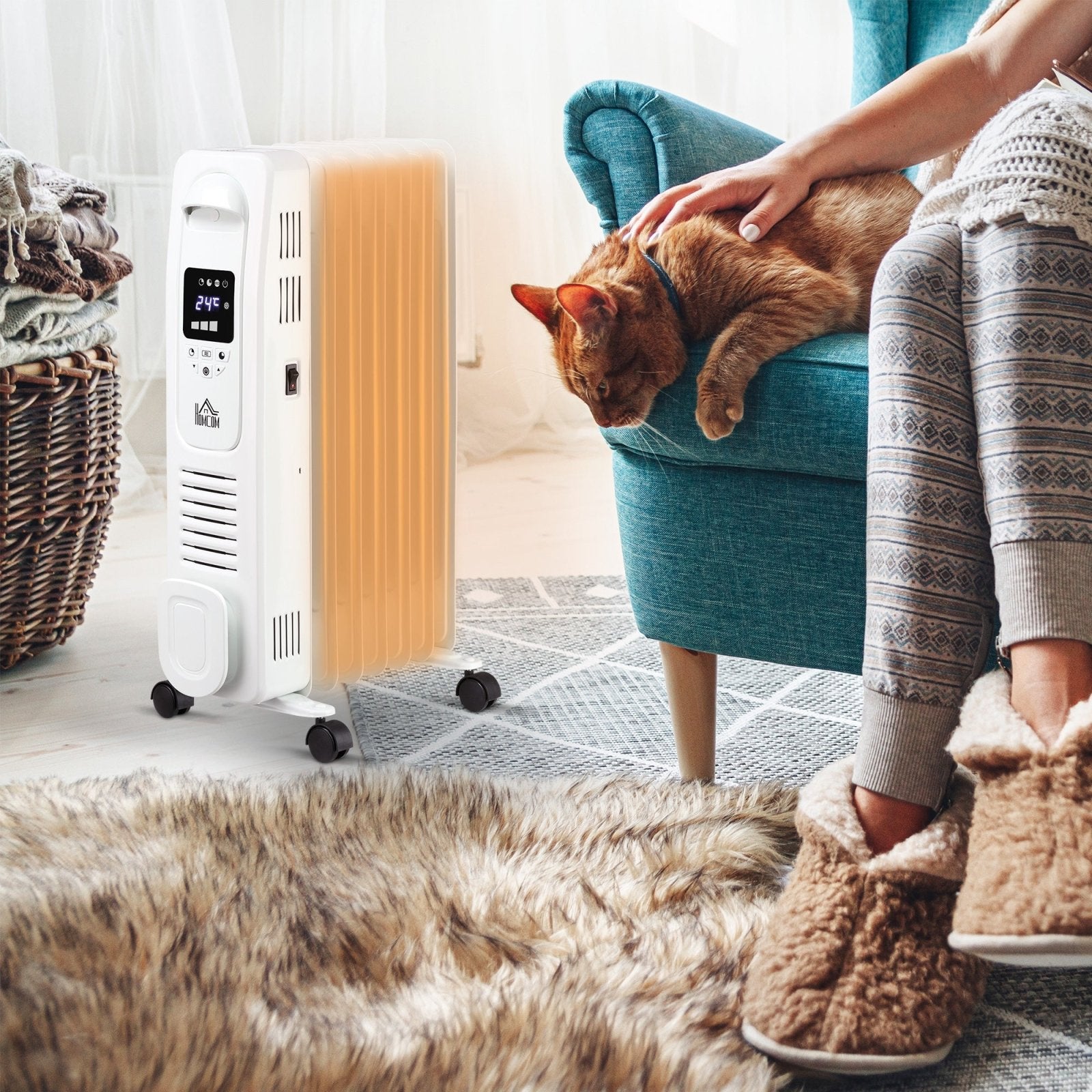 1630W Digital Oil Filled Radiator, 7 Fin, Portable Electric Heater with LED Display, 3 Heat Settings, Safety Cut - Off and Remote Control, White - Bedzy UK modern and affordable home furniture England