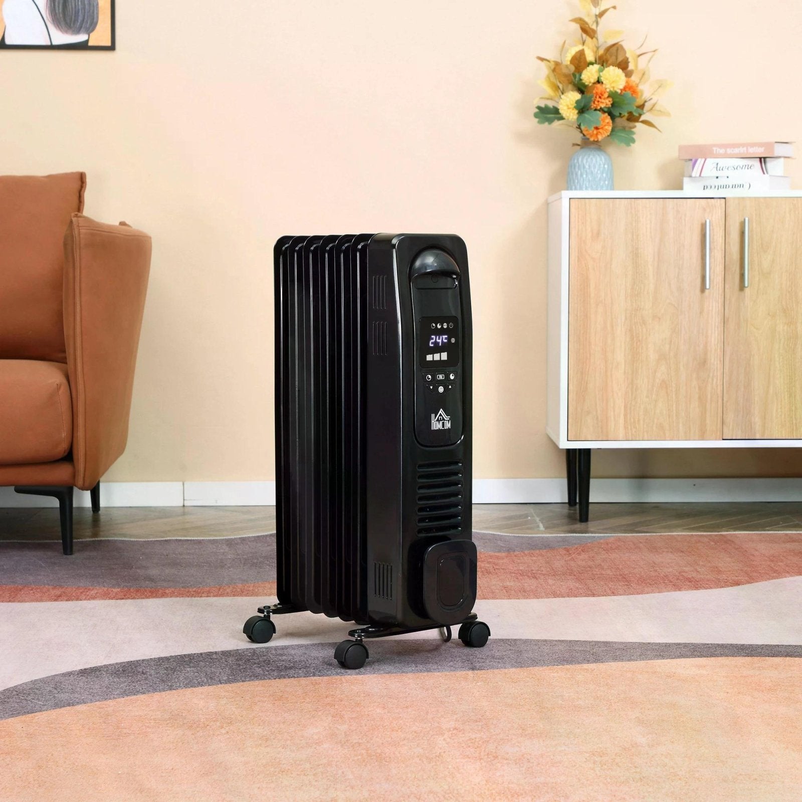 1630W Digital Oil Filled Radiator, 7 Fin, Portable Electric Heater with LED Display, Built - in Timer, 3 Heat Settings, Remote Control, Black - Bedzy UK modern and affordable home furniture England