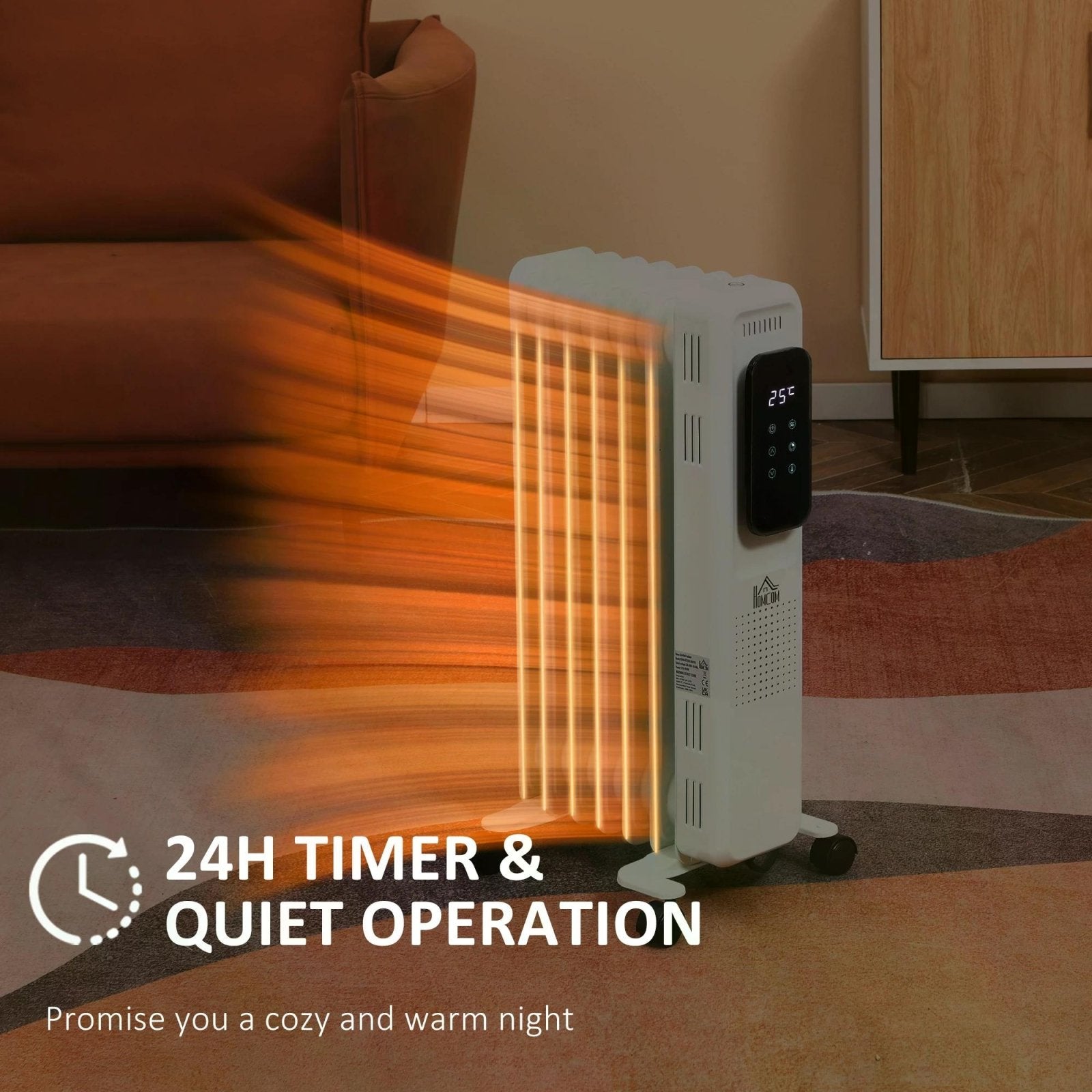 1630W Oil Filled Radiator, 7 Fin, Portable Electric Heater with LED Display, 24H Timer, 3 Heat Settings, Safety Cut - Off Remote Control - White - Bedzy UK modern and affordable home furniture England