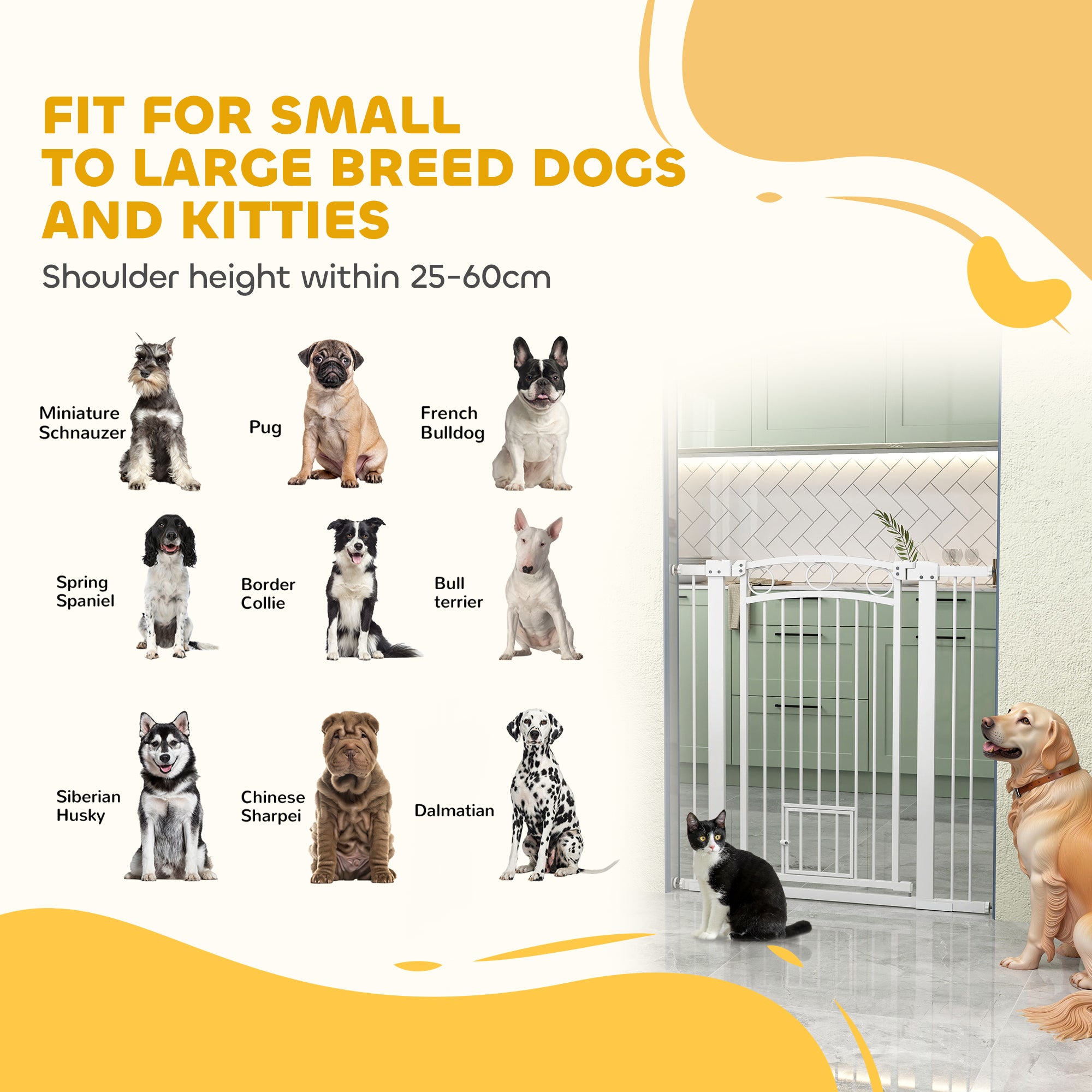 106cm Tall Dog Gate with Cat Door, 7cm and 14cm Extensions, for Stairs, Doorways, 76-104cm Width