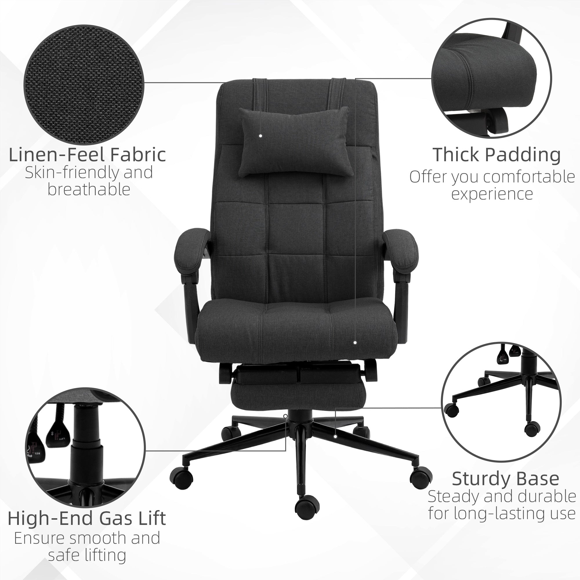 Office Desk Chair with Footrest, Headrest Pillow, Home Office Chair with Reclining Backrest, Swivel Wheels, Black