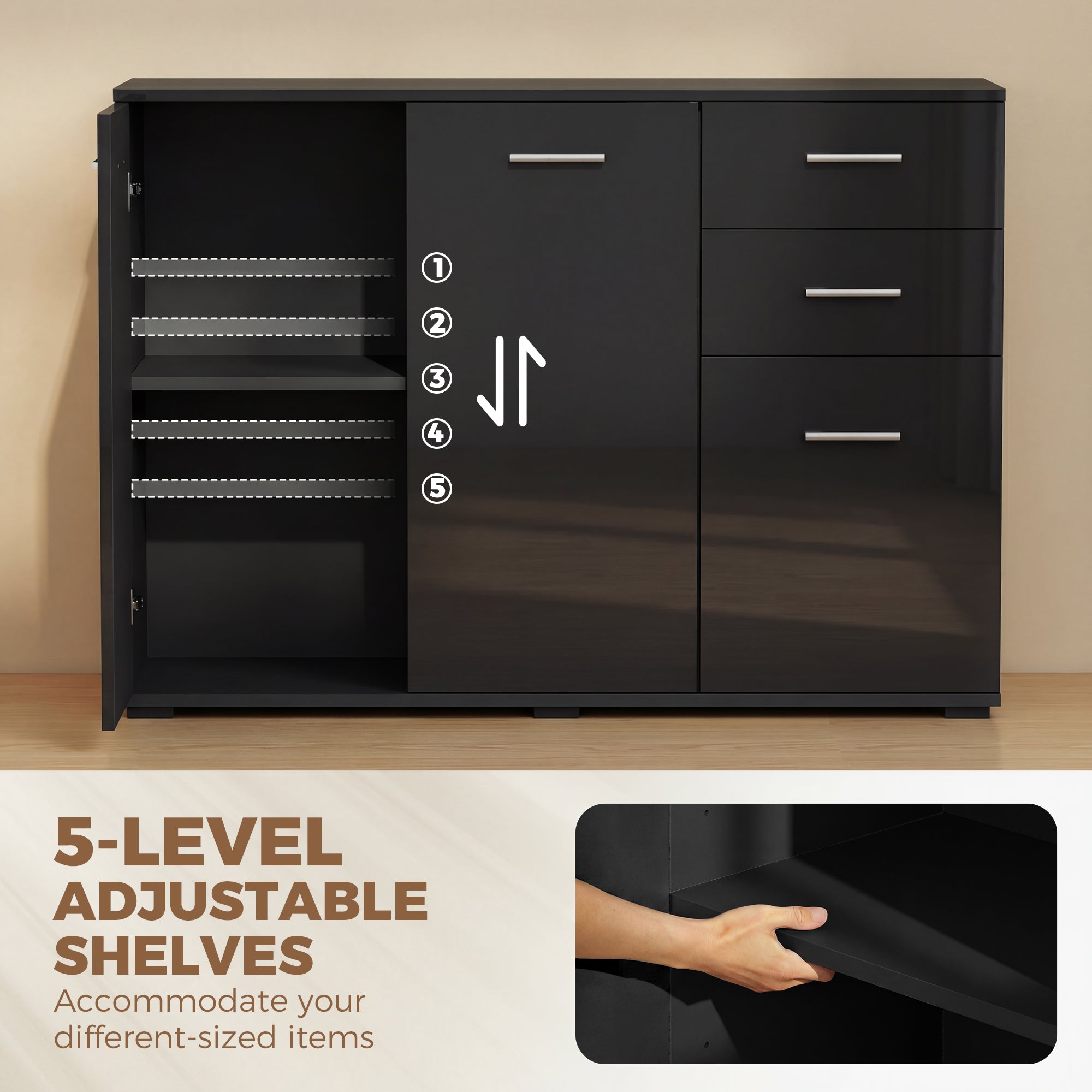 Sideboard, Modern Storage Cabinet with 2 Drawers, 3 Doors and Adjustable Shelves, High Gloss Black
