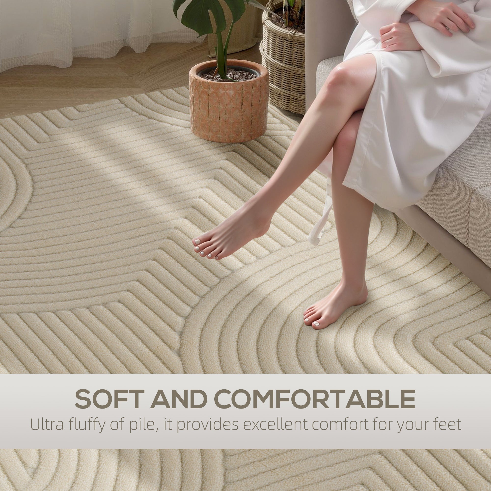 Modern Geometric Rug, Thick Plush, Non-Slip, 160 x 120 cm – Cream, Living Room/Bedroom/Office