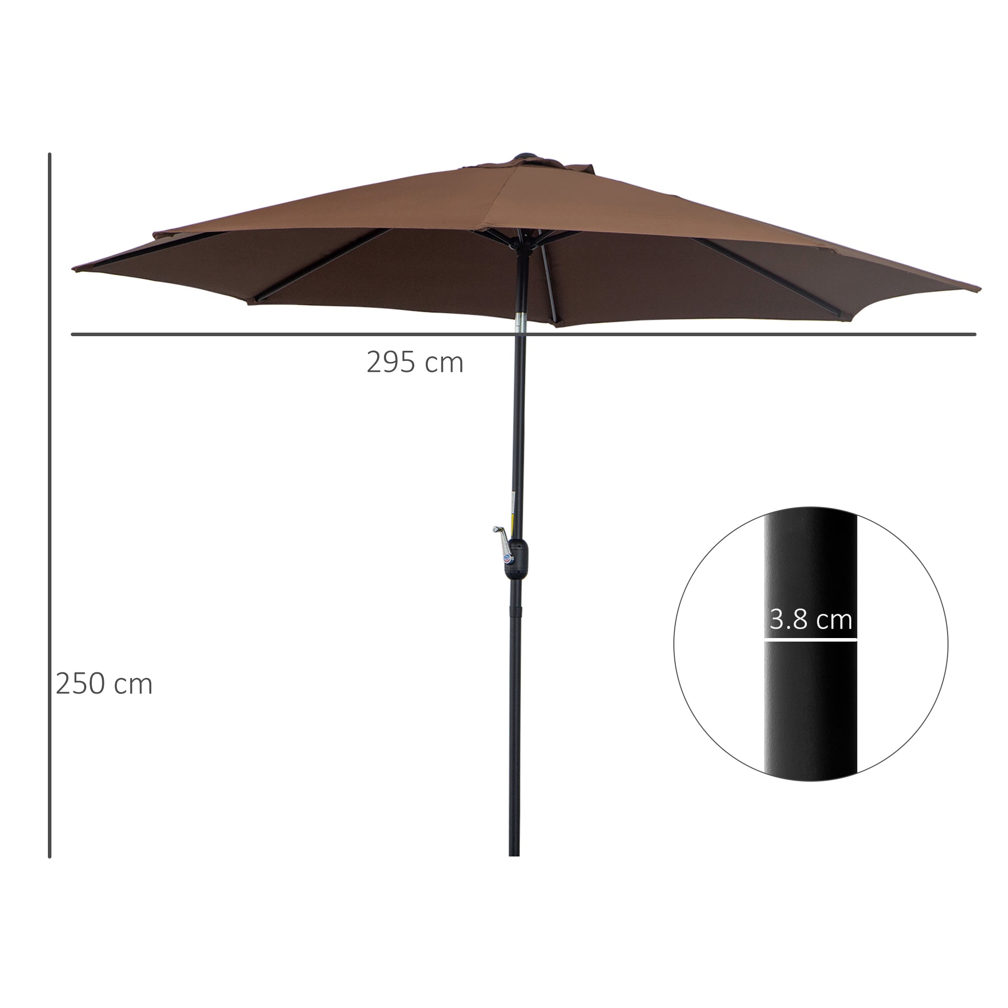 3(m) Tilting Parasol Garden Umbrellas, Outdoor Sun Shade with 8 Ribs, Tilt and Crank Handle for Balcony, Bench, Garden, Coffee
