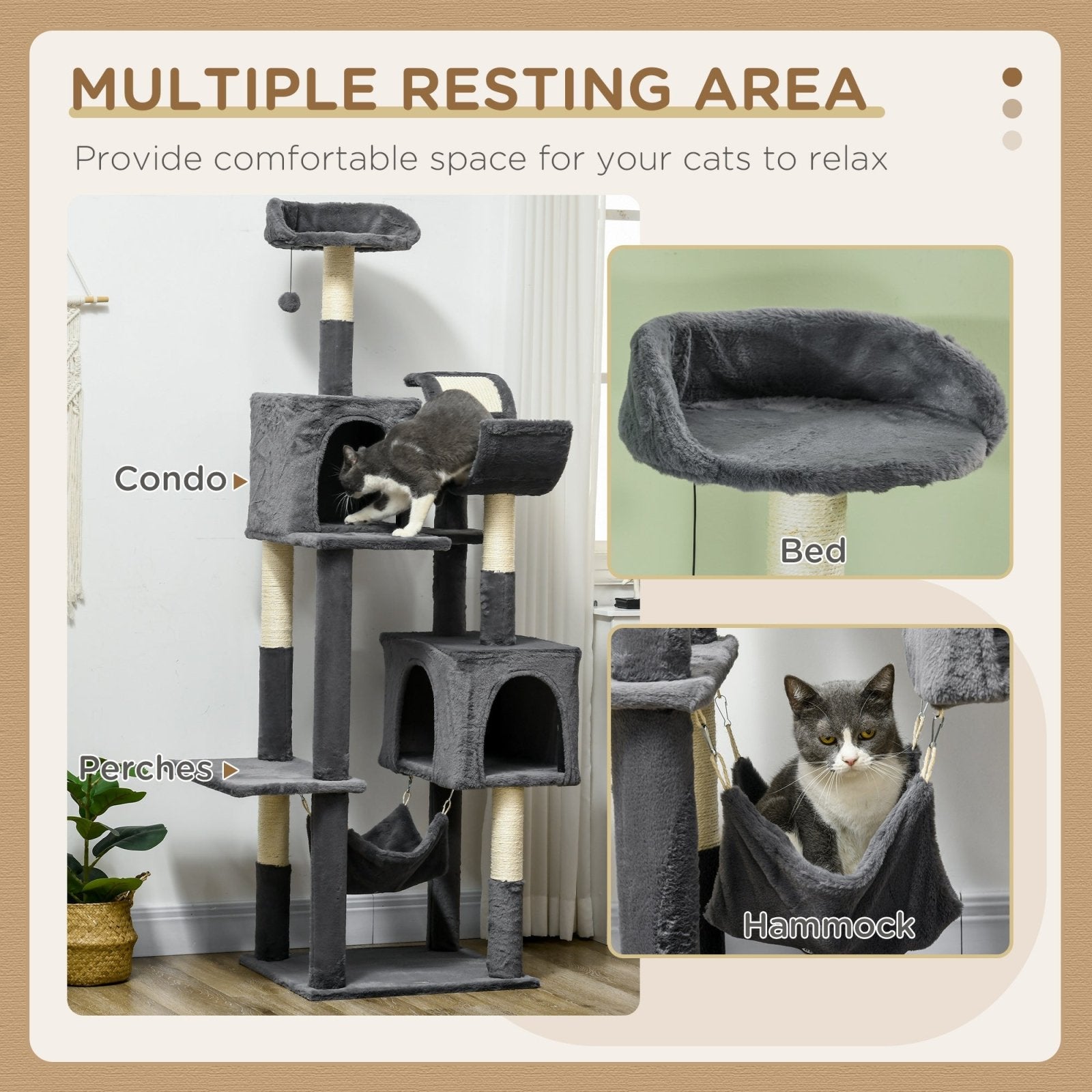 177cm Cat Tree for Indoor Cats, Multi - level Kitten Climbing Tower with Scratching Posts, Condos, Hammock, Perches, Toy Ball, Dark Grey - Bedzy UK modern and affordable home furniture England