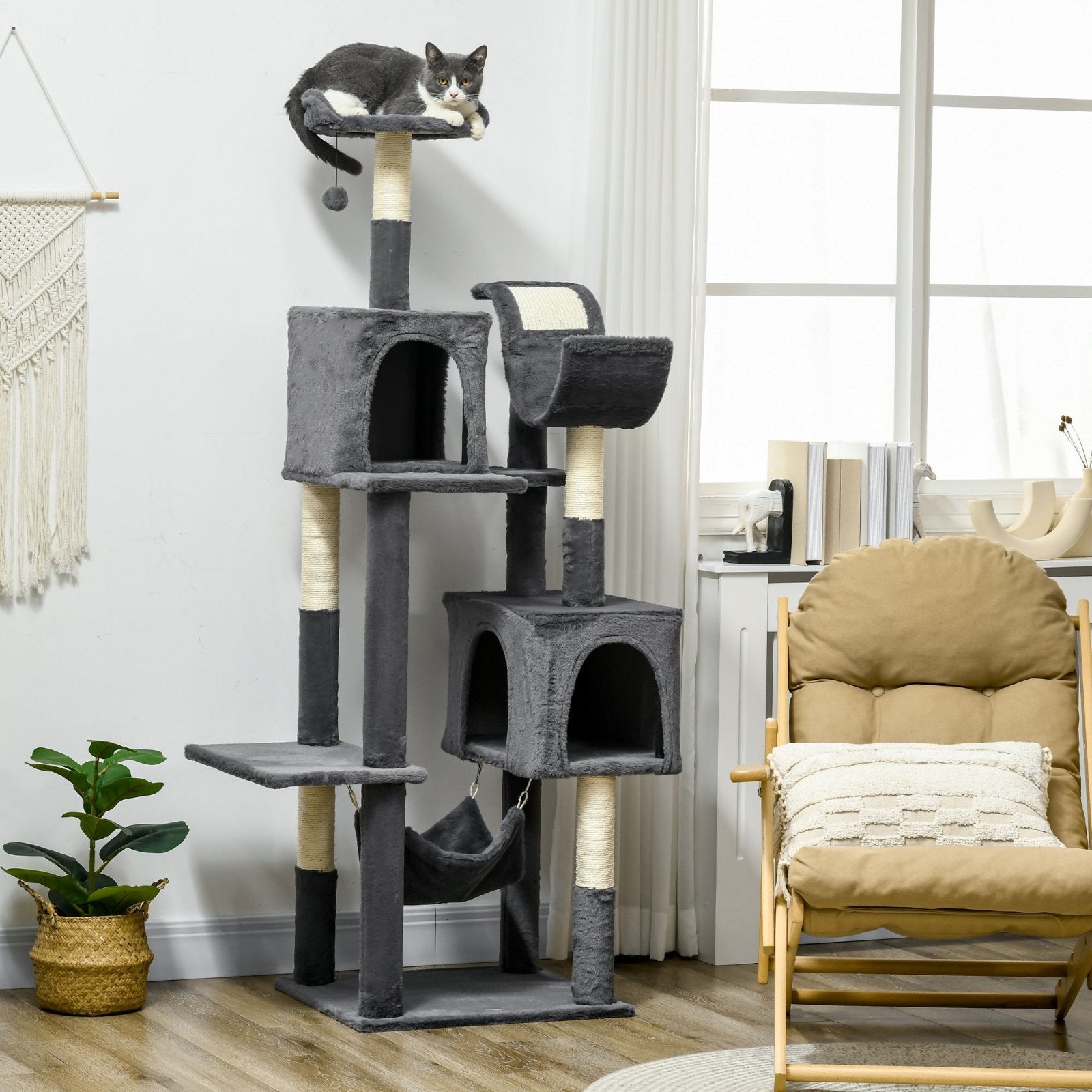 177cm Cat Tree for Indoor Cats, Multi - level Kitten Climbing Tower with Scratching Posts, Condos, Hammock, Perches, Toy Ball, Dark Grey - Bedzy UK modern and affordable home furniture England