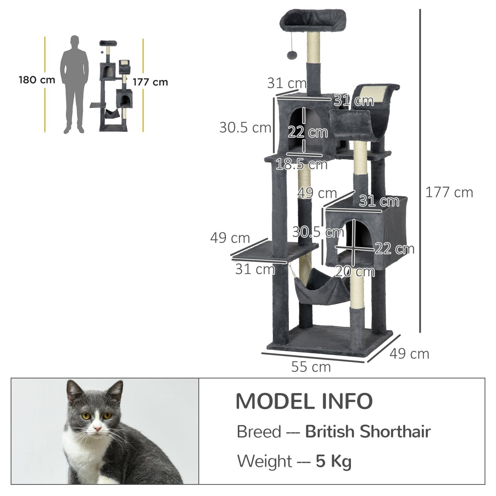 177cm Cat Tree for Indoor Cats, Multi - level Kitten Climbing Tower with Scratching Posts, Condos, Hammock, Perches, Toy Ball, Dark Grey - Bedzy UK modern and affordable home furniture England