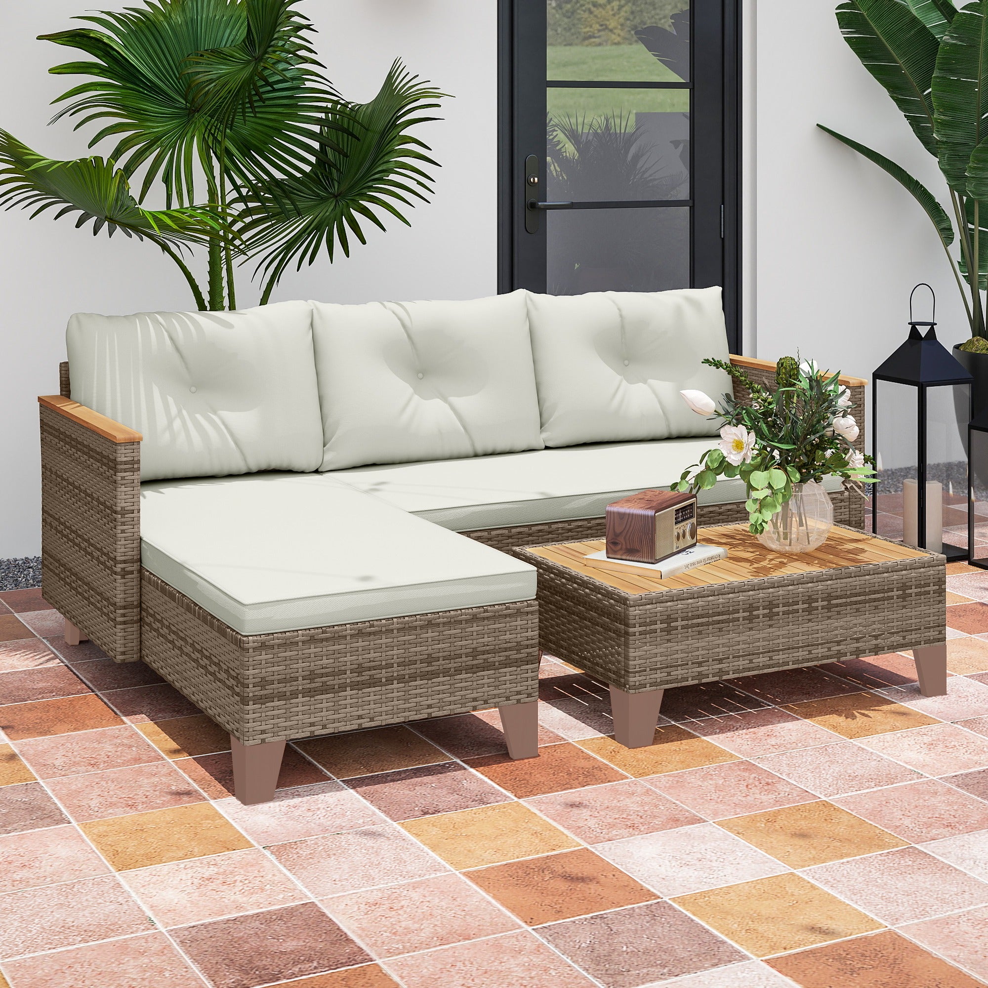 3 Pieces Rattan Garden Furniture Set, L Shaped Garden Conversation Chaise Lounge Furniture with Wood Top Coffee Table and Thick Cushions, Cream