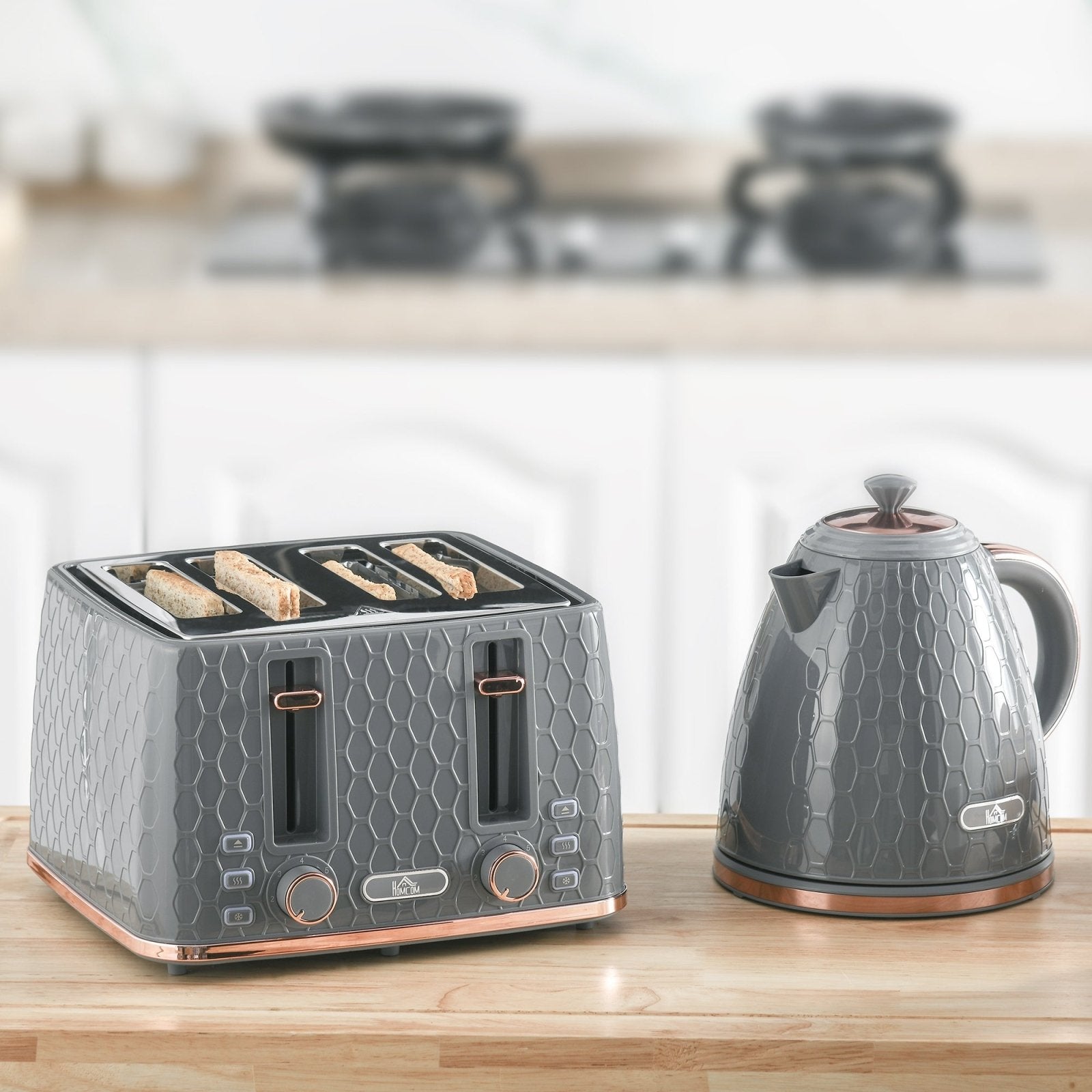 1.7L 3000W Fast Boil Kettle & 4 Slice Toaster Set, Kettle and Toaster Set with 7 Browning Controls, Crumb Tray, Grey - Bedzy UK modern and affordable home furniture England