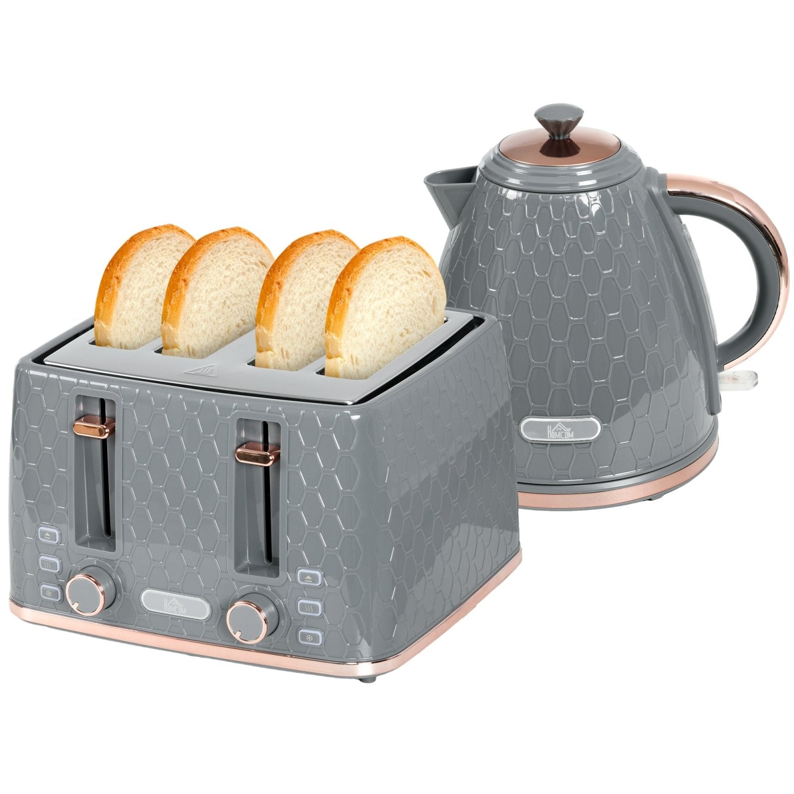 1.7L 3000W Fast Boil Kettle & 4 Slice Toaster Set, Kettle and Toaster Set with 7 Browning Controls, Crumb Tray, Grey - Bedzy UK modern and affordable home furniture England