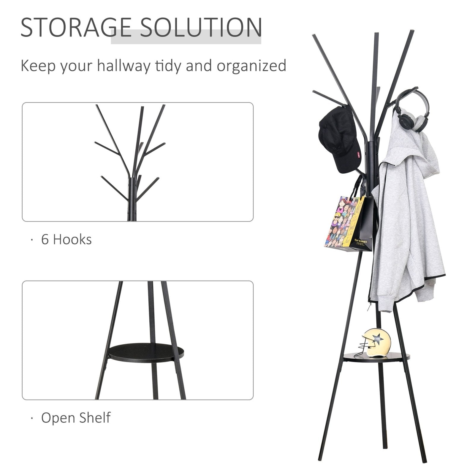 180cm Free Standing Metal Coat Rack Stand 9 Hooks Clothes Tree with 1 Shelf Hat Display Hall Tree Hanger Bag Umbrella Hanging Organiser (Black) - Bedzy UK modern and affordable home furniture England