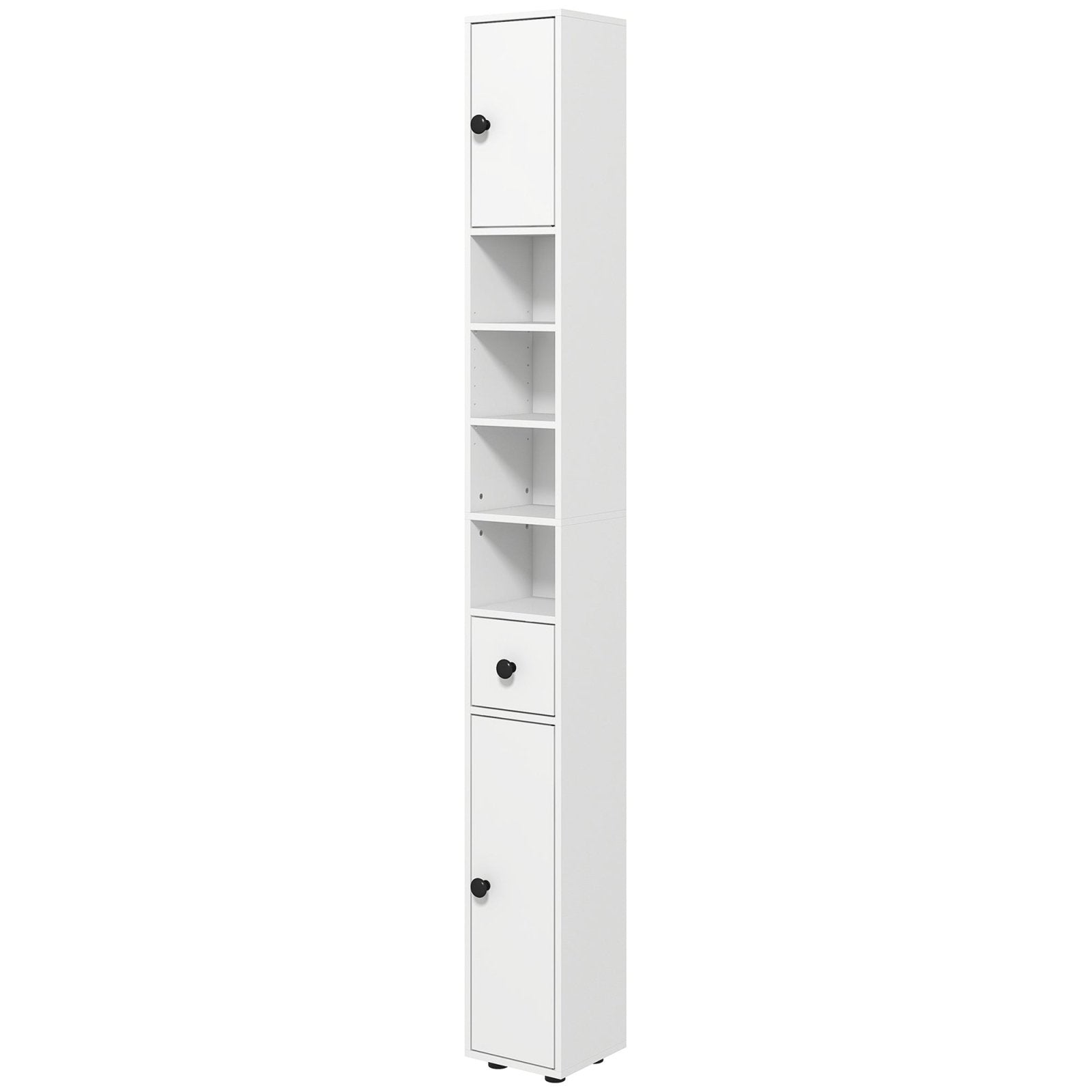 180cm Tall Slim Bathroom Cabinet, Narrow Toilet Roll Storage w/ Open Shelves, 2 Door Cabinets, Adjustable Shelves, for Kitchen, White - Bedzy UK modern and affordable home furniture England