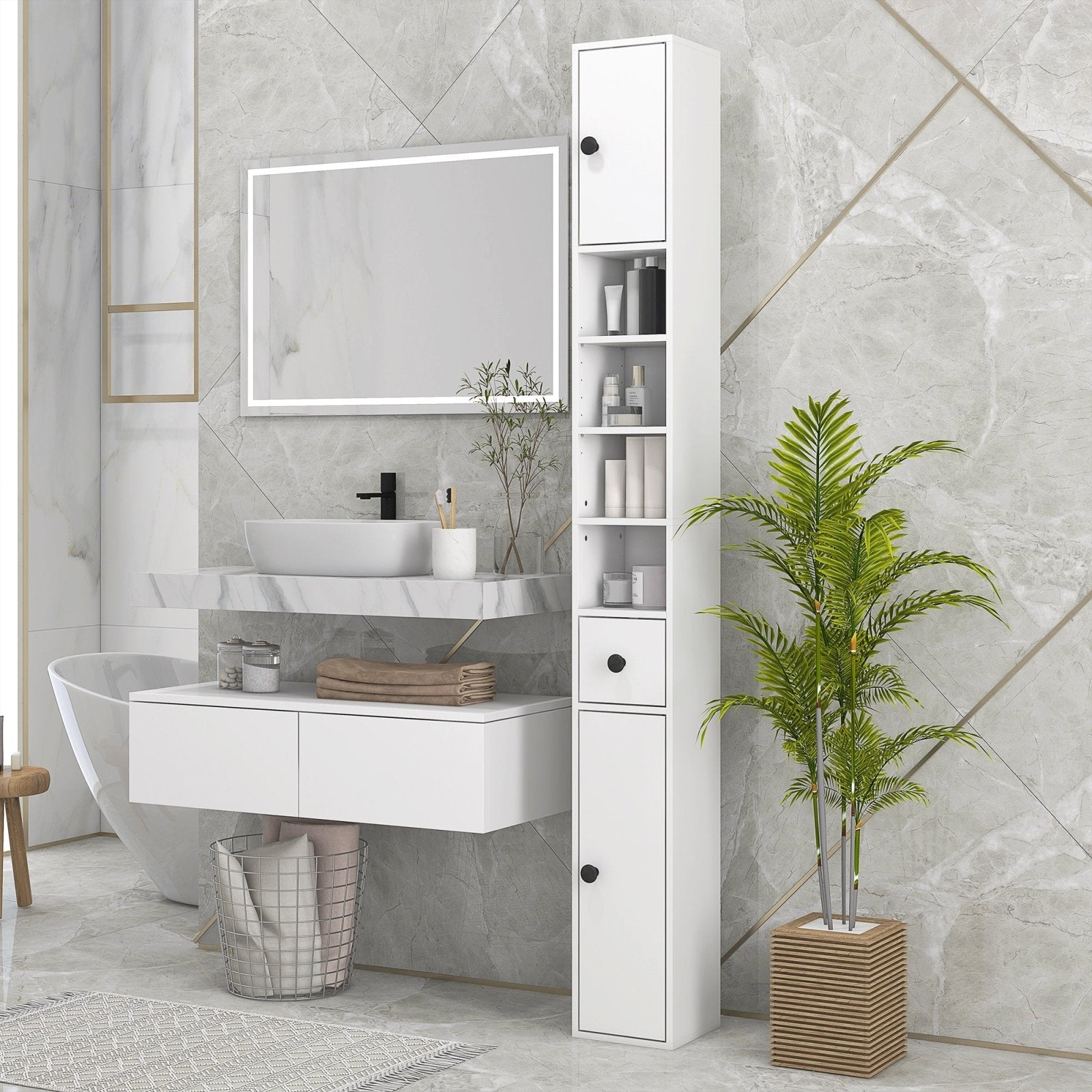 180cm Tall Slim Bathroom Cabinet, Narrow Toilet Roll Storage w/ Open Shelves, 2 Door Cabinets, Adjustable Shelves, for Kitchen, White - Bedzy UK modern and affordable home furniture England