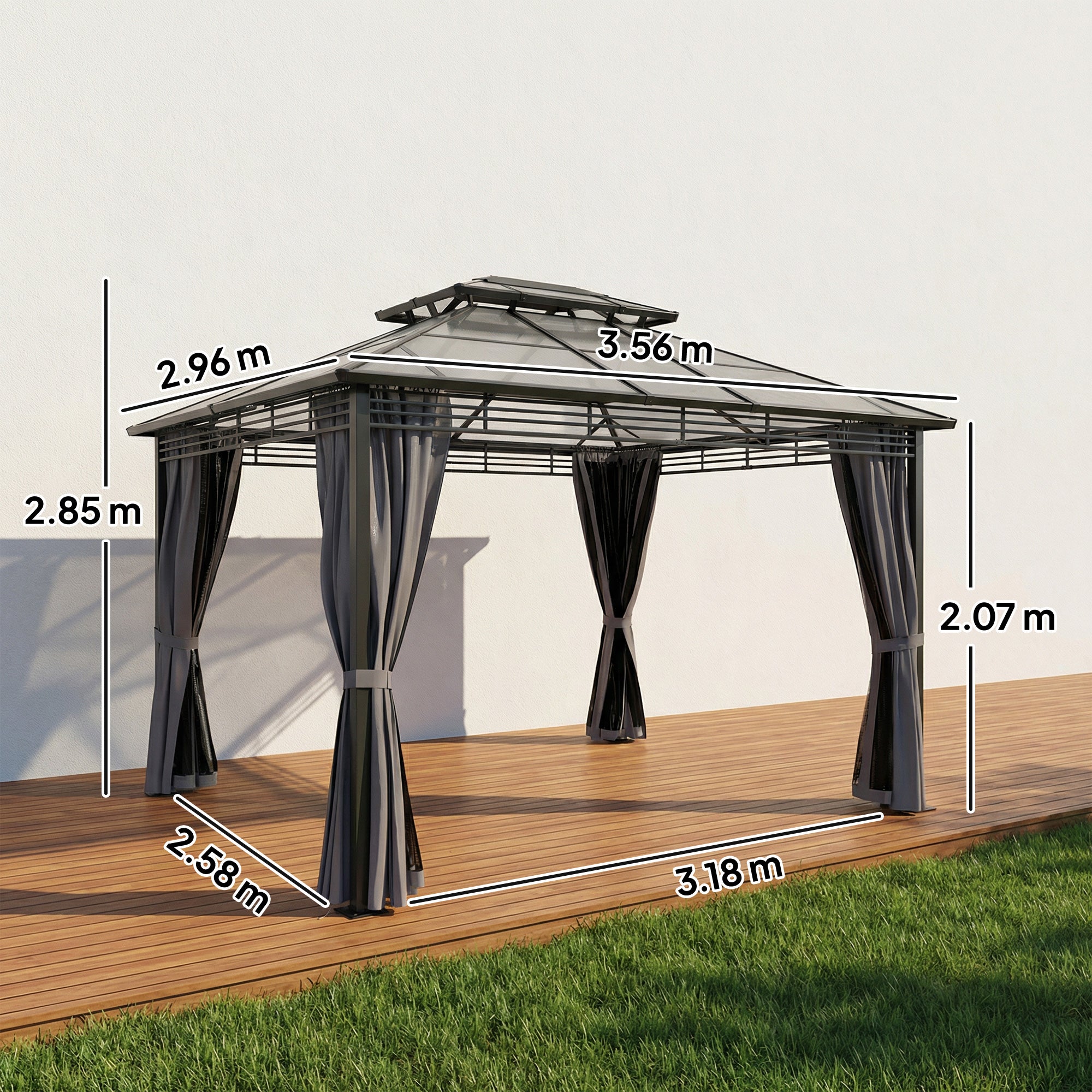 3 x 3.6 m Outdoor Hardtop Gazebo Canopy with 2-Tier Roof, Permanent Pavilion Garden Metal Gazebo with Sides, Dark Grey