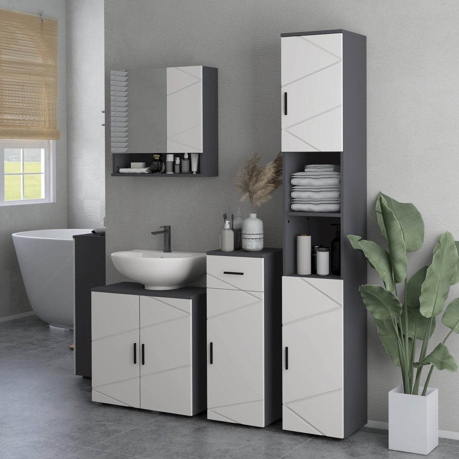 183cm Tall Bathroom Cabinet, Narrow Bathroom Storage Cabinet w/ Open Shelves, 2 Doors Cabinets, Adjustable Shelves, Grey - Bedzy UK modern and affordable home furniture England